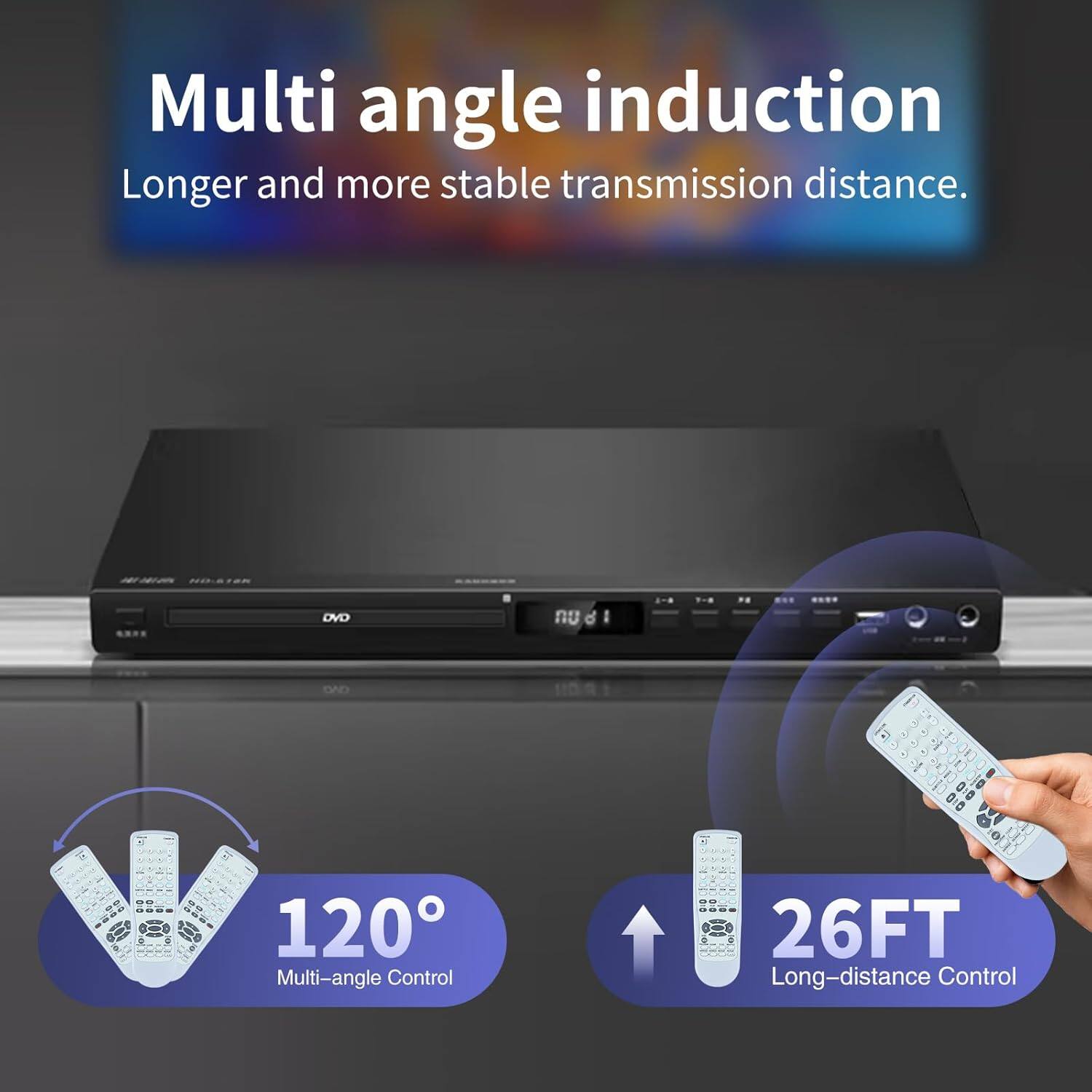 Multi angle induction  
Longer and more stable transmission distance.  

DVD  

120° Multi-angle Control  

26FT Long-distance Control