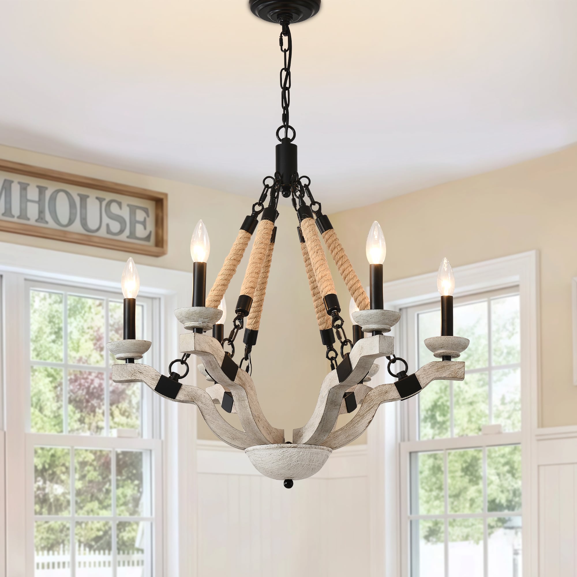 RYHNUYNE - 24in Farmhouse Wood & Rope Chandelier - 6-Light Rustic Candle Pendant Light for Dining Room, Kitchen Island, Living Room
