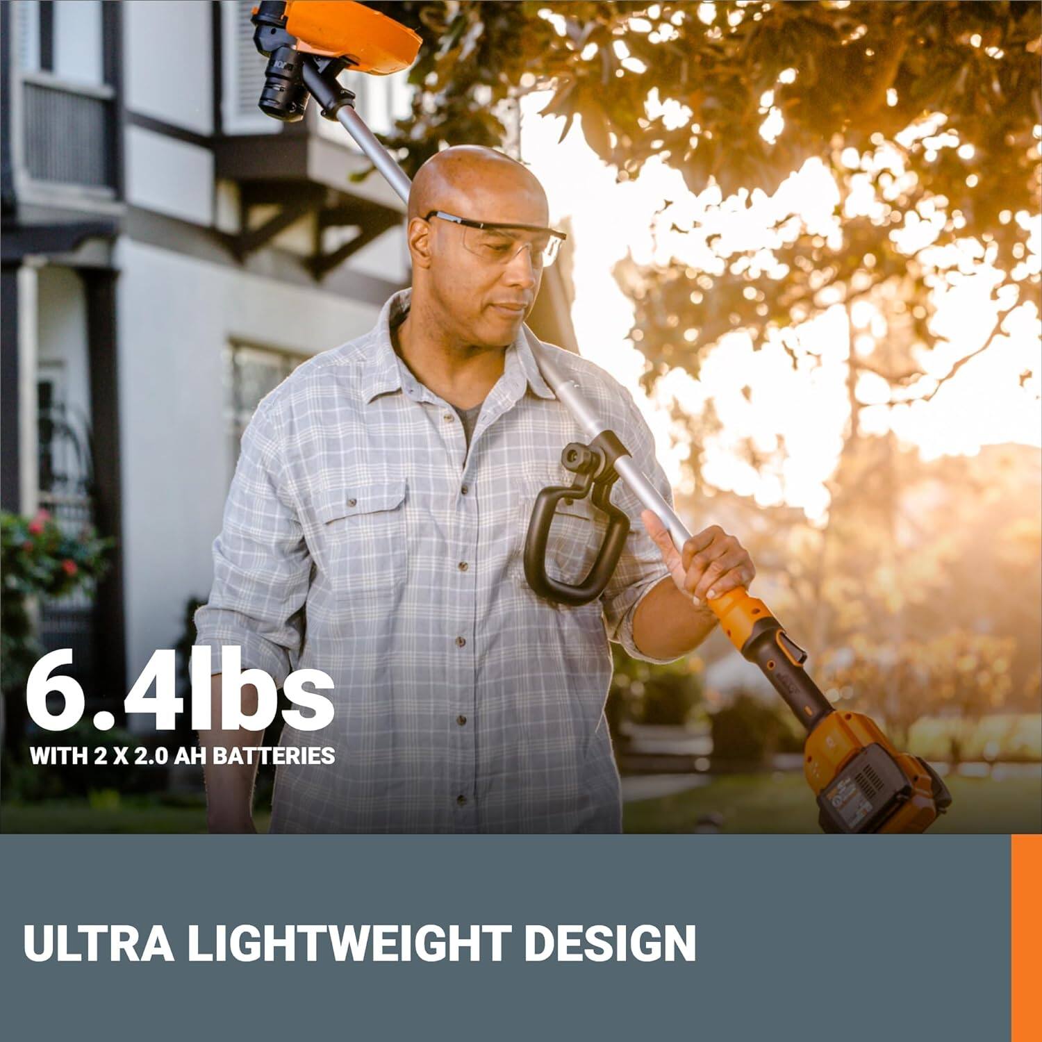 The text on the image reads: "6.4lbs WITH 2 X 2.0  BATTERIES uN  ULTRA LIGHTWEIGHT DESIGN."
