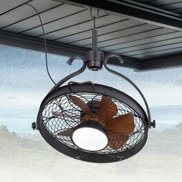 Breezary - 23.6" Hook-Mount Waterproof Ceiling Fan with 3-Color Light, 6-Speed Remote Control, Timer, Memory, 7 Blades, Outdoor Use - Matte Black and Wood Grain