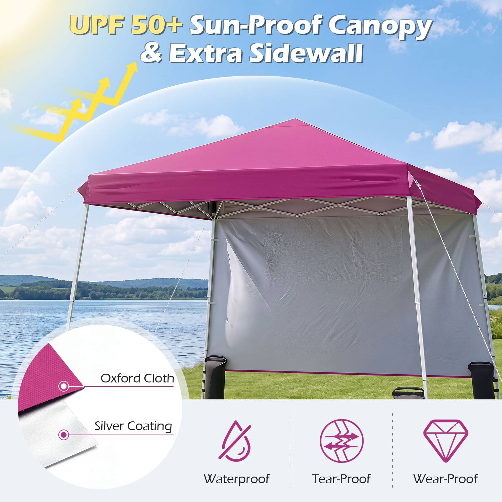 UPF 50+ Sun-Proof Canopy & Extra Sidewall

Oxford Cloth
Silver Coating
Waterproof
Tear-Proof
Wear-Proof