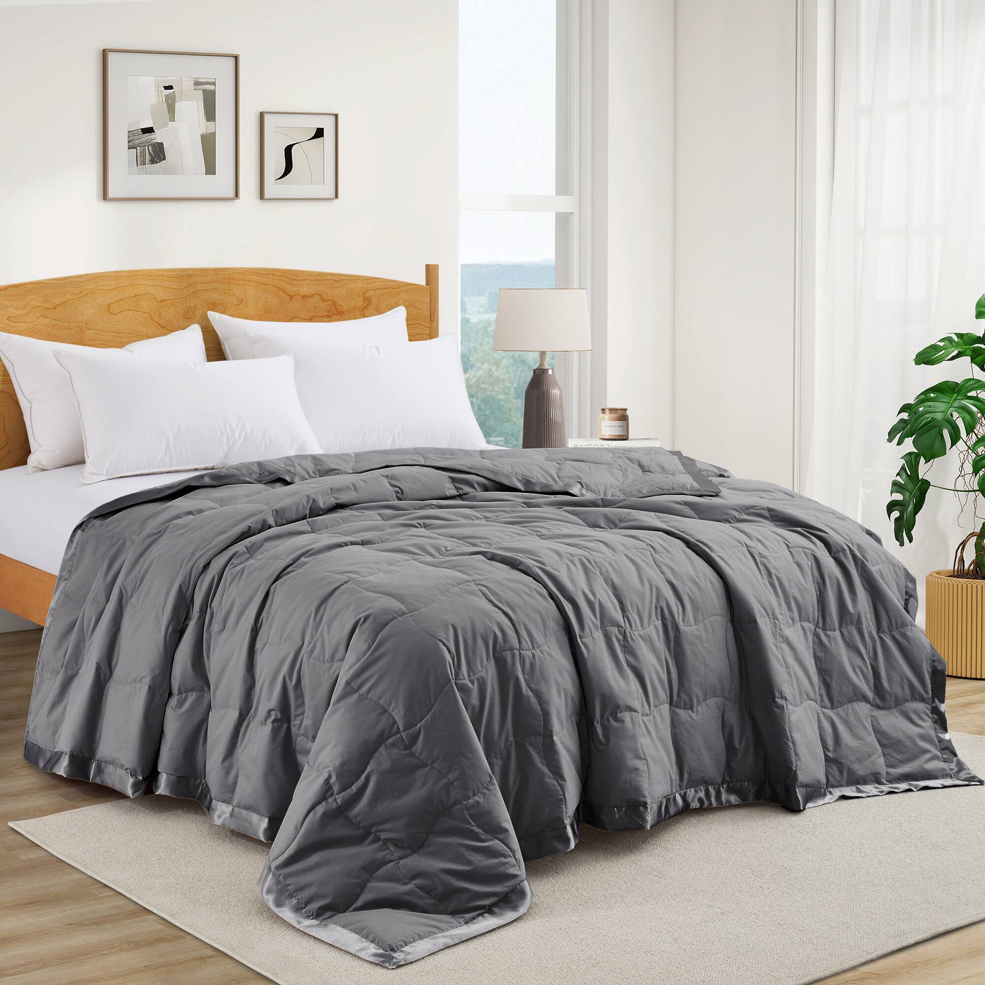 Front. Peace Nest - Peace Nest Ultra-Lightweight Down Blanket with Satin Trim, Dark Gray, 90x90 inches - Dark Gray.