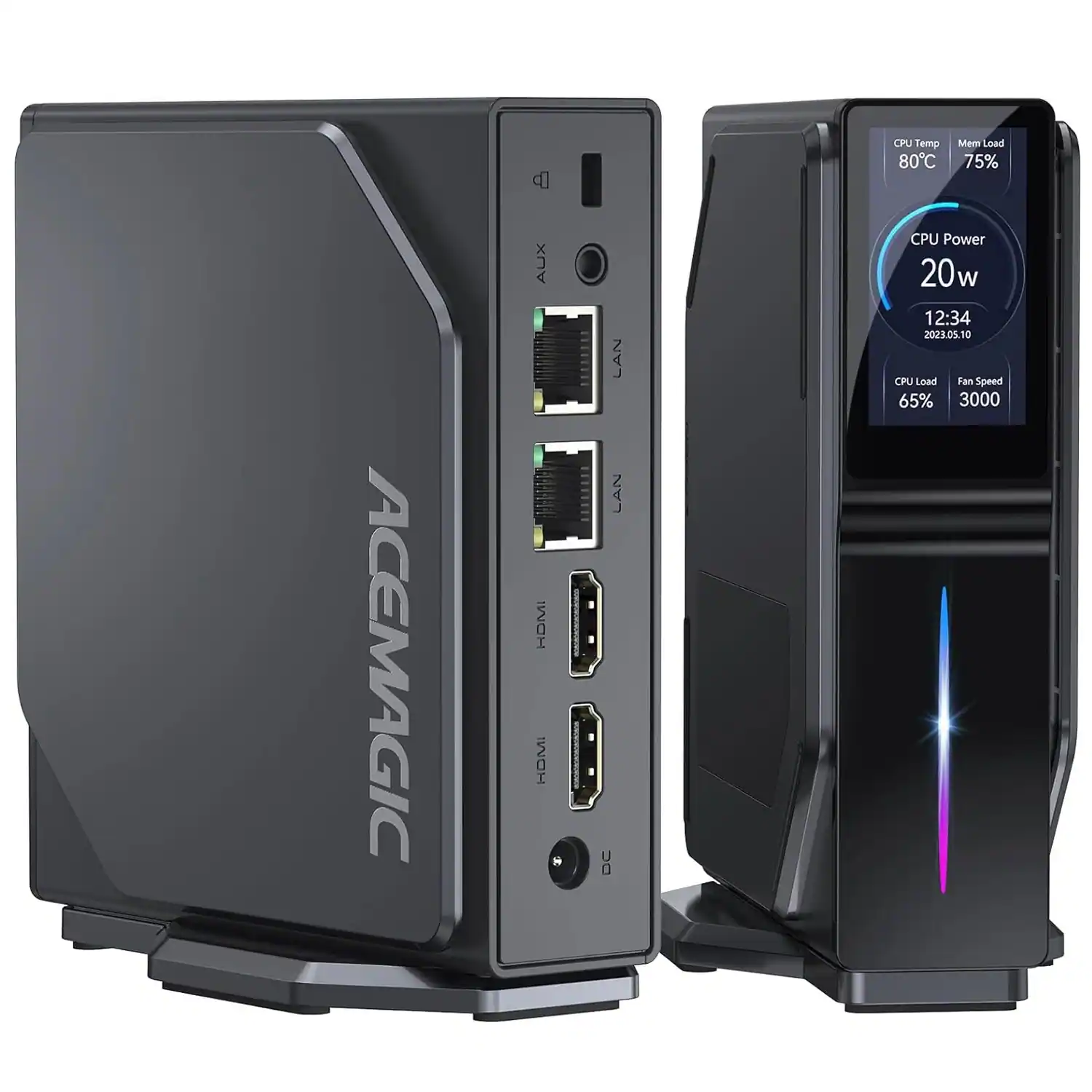 dI CPU Temp 80C Mem Load 75% ACEMAGIC AUX HDMI HOMI LAN LAN DC CPU Power 20w W 12:34 2021.05.10 10 CPU Load Fan Speed 65% 3000