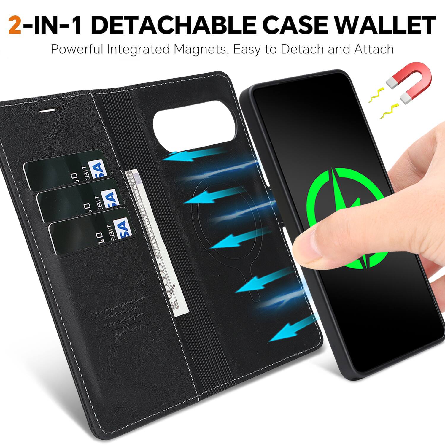 2-IN-1 DETACHABLE CASE WALLET  
Powerful Integrated Magnets, Easy to Detach and Attach