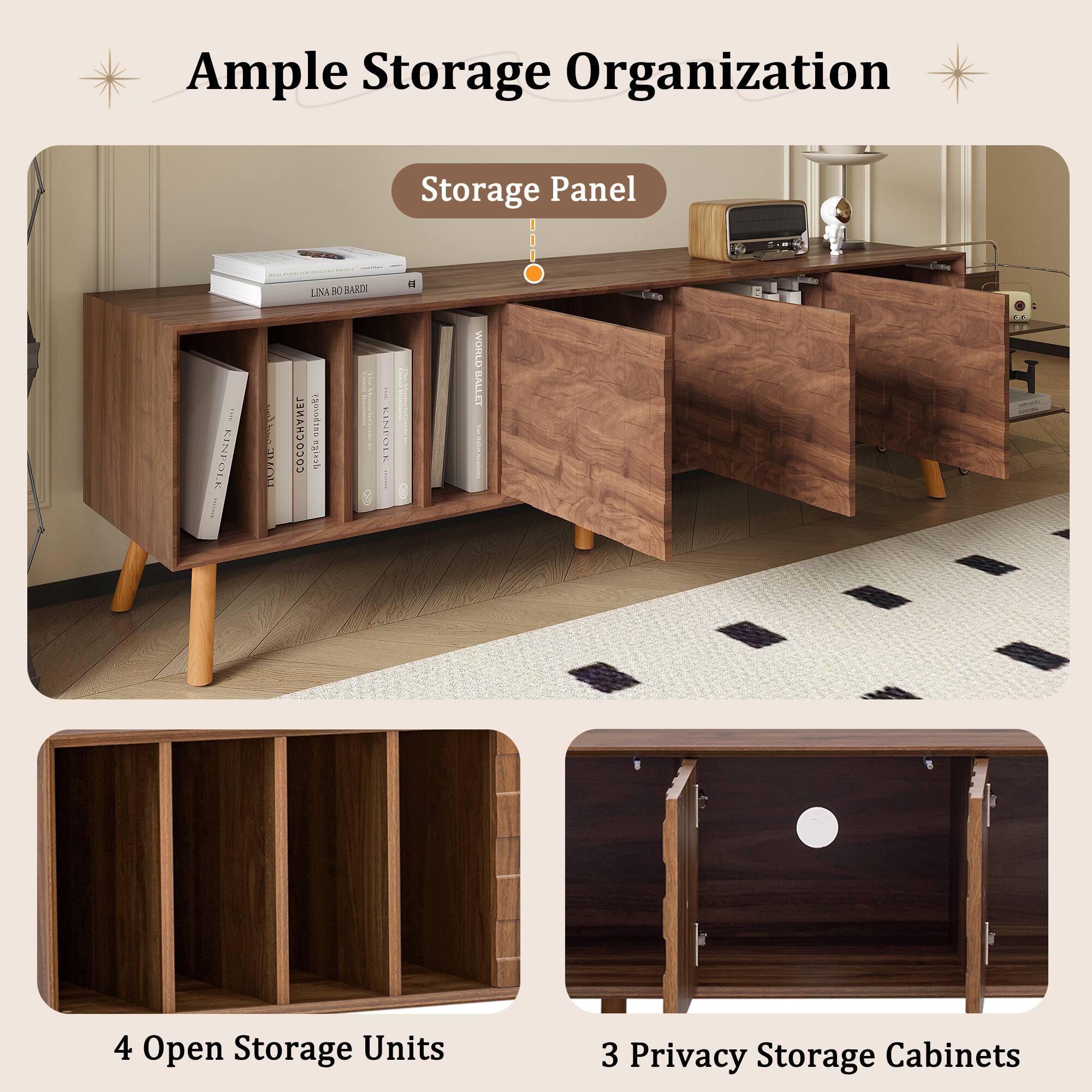 Ample Storage Organization

Storage Panel

4 Open Storage Units

3 Privacy Storage Cabinets