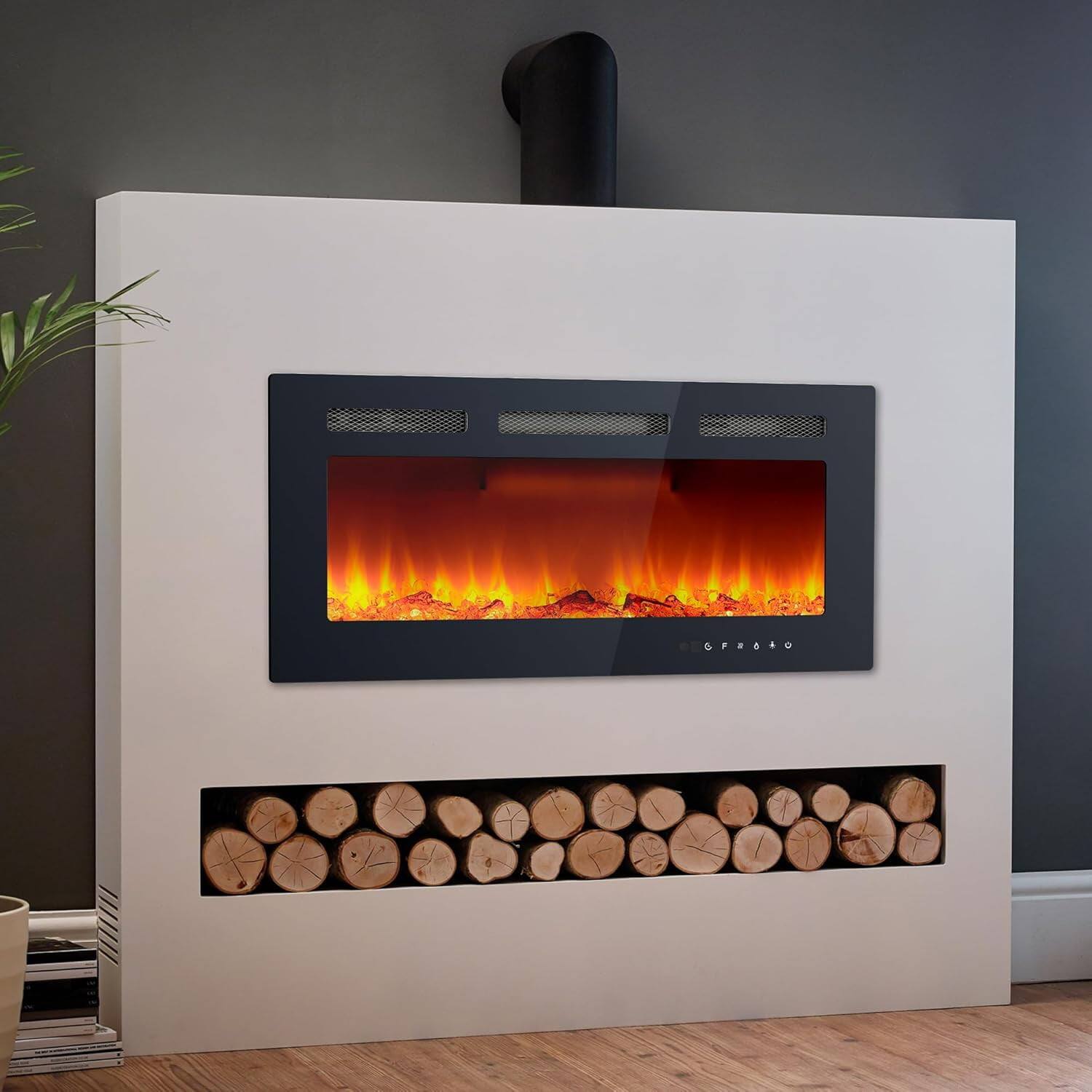 Alt View 1. Qeetex - 36" Electric Fireplace, Wall Mounted or Recessed, 750W/1500W, 12 Flame Colors, Remote & Touch Control - Black.