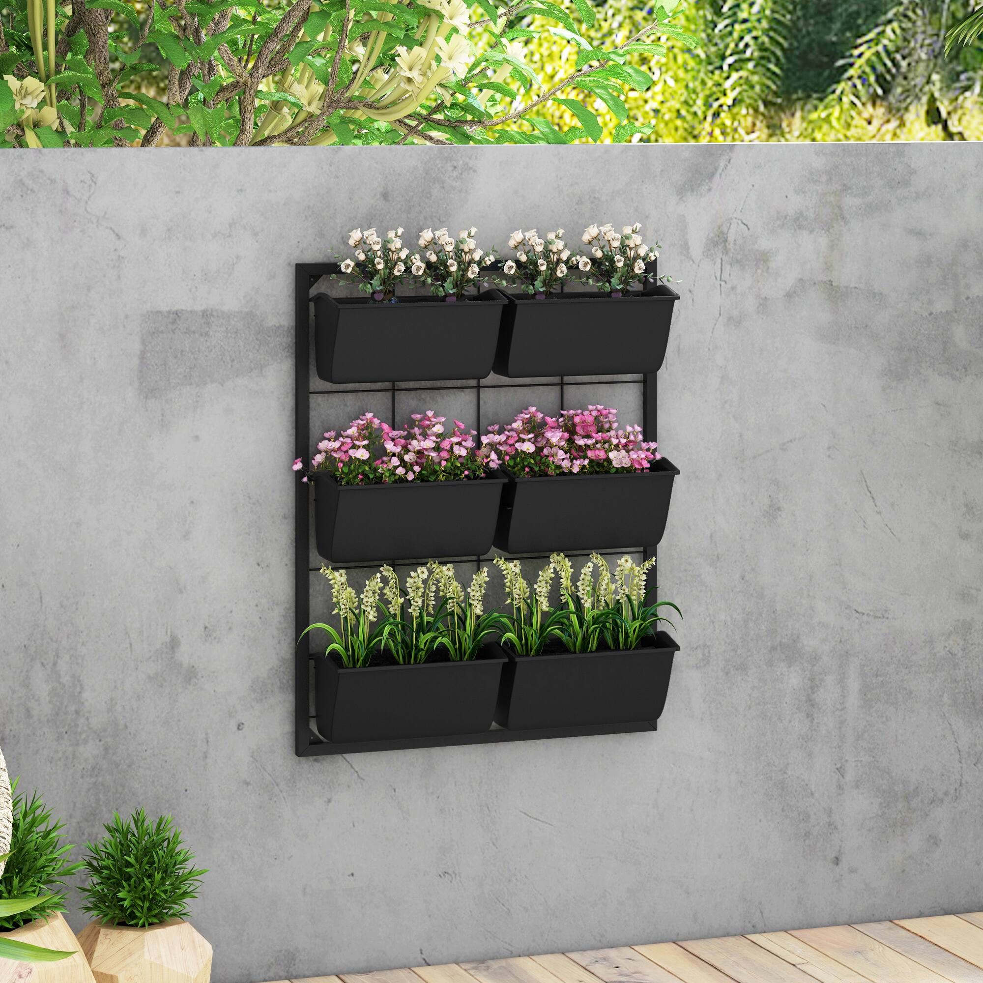 Alt View 1. Outsunny - Hanging Planter with 6 Pots for Indoor and Outdoor Use, Wall Planter - Black.
