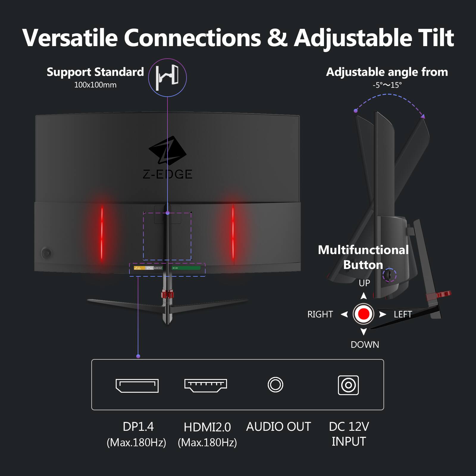 Versatile Connections & Adjustable Tilt

Support Standard  
100x100mm

Adjustable angle from  
-5°~15°

Multifunctional Button  
UP RIGHT LEFT DOWN

DP1.4 (Max.180Hz)  
HDMI2.0 (Max.180Hz)  
AUDIO OUT  
DC 12V INPUT