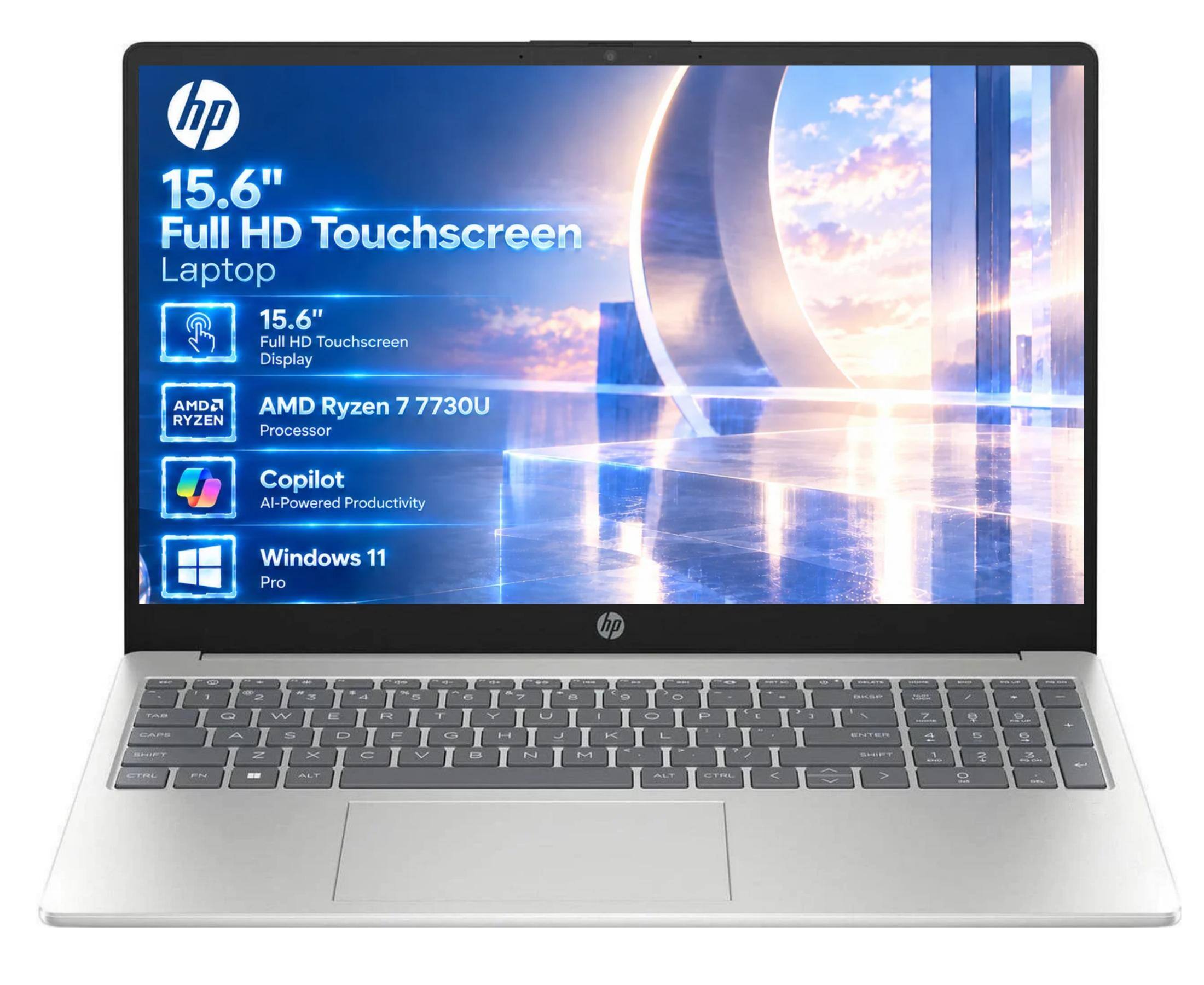 hp 15.6" Full HD Touchscreen Laptop  
15.6" Full HD Touchscreen Display  
AMD Ryzen 7 7730U Processor  
Copilot AI-Powered Productivity  
Windows 11 Pro