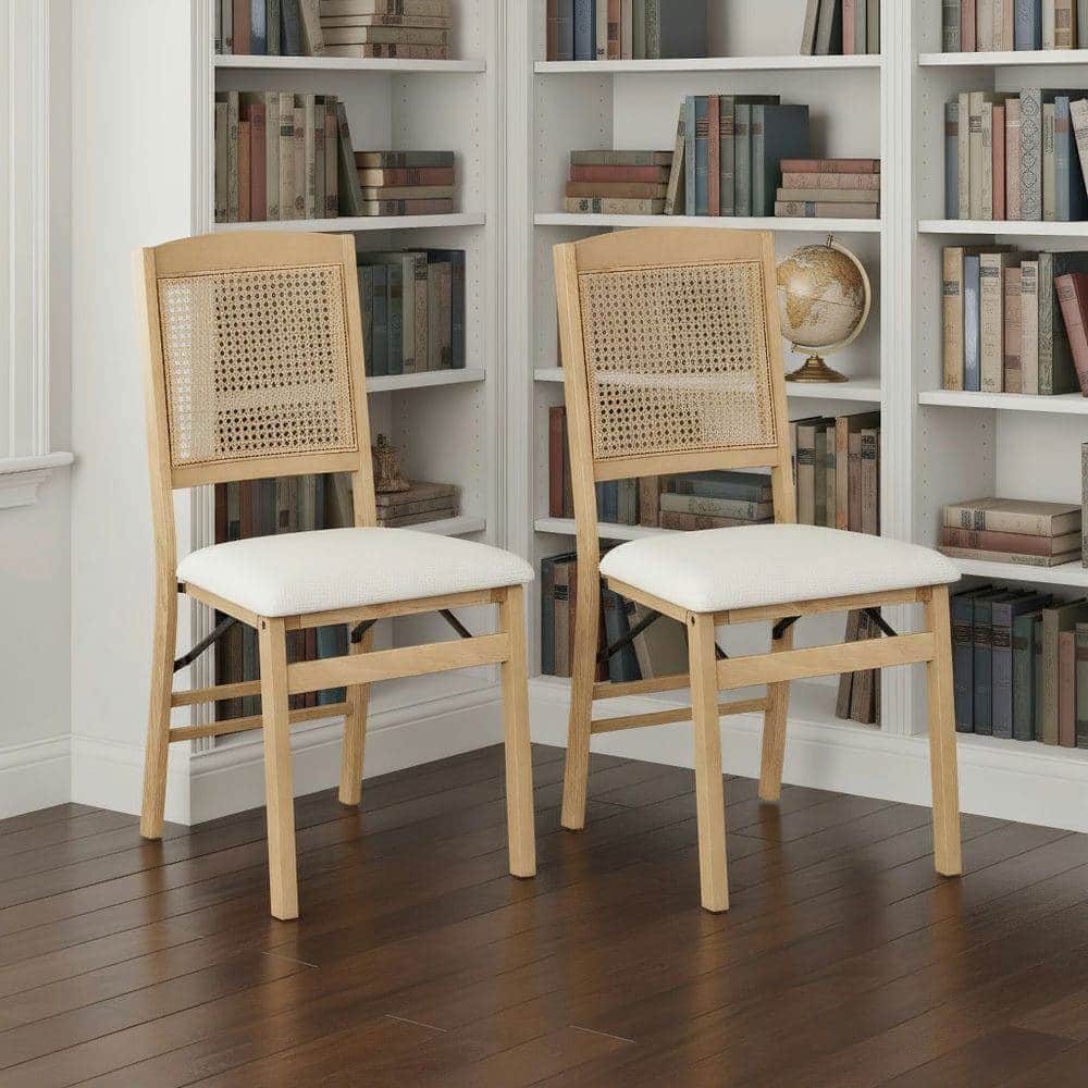 Kadyn - Set of 2 Folding Rubberwood Dining Chairs with Linen Padded Seat, Natural and - Beige