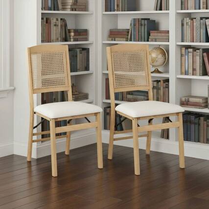 Front. Kadyn - Set of 2 Folding Rubberwood Dining Chairs with Linen Padded Seat, Natural and Beige - Beige.