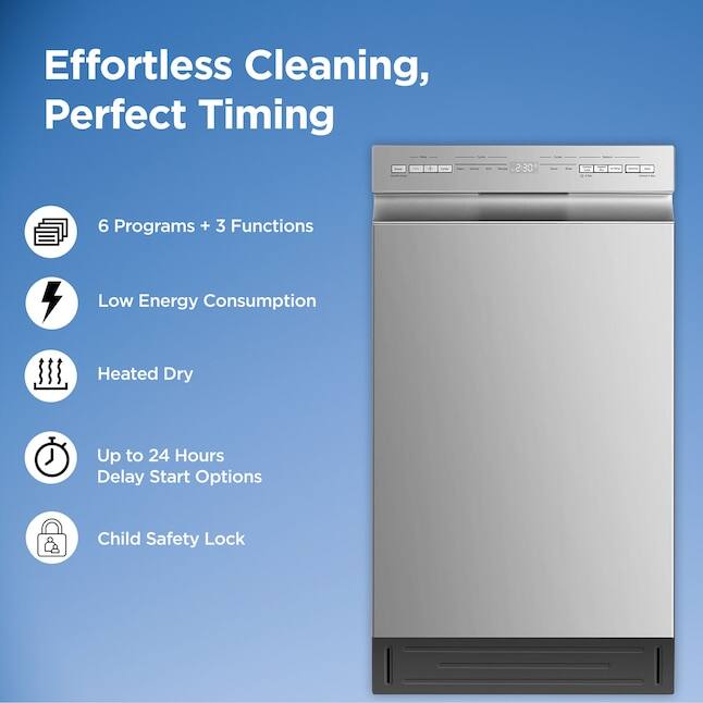Effortless Cleaning, Perfect Timing

- 6 Programs + 3 Functions
- Low Energy Consumption
- Heated Dry
- Up to 24 Hours Delay Start Options
- Child Safety Lock