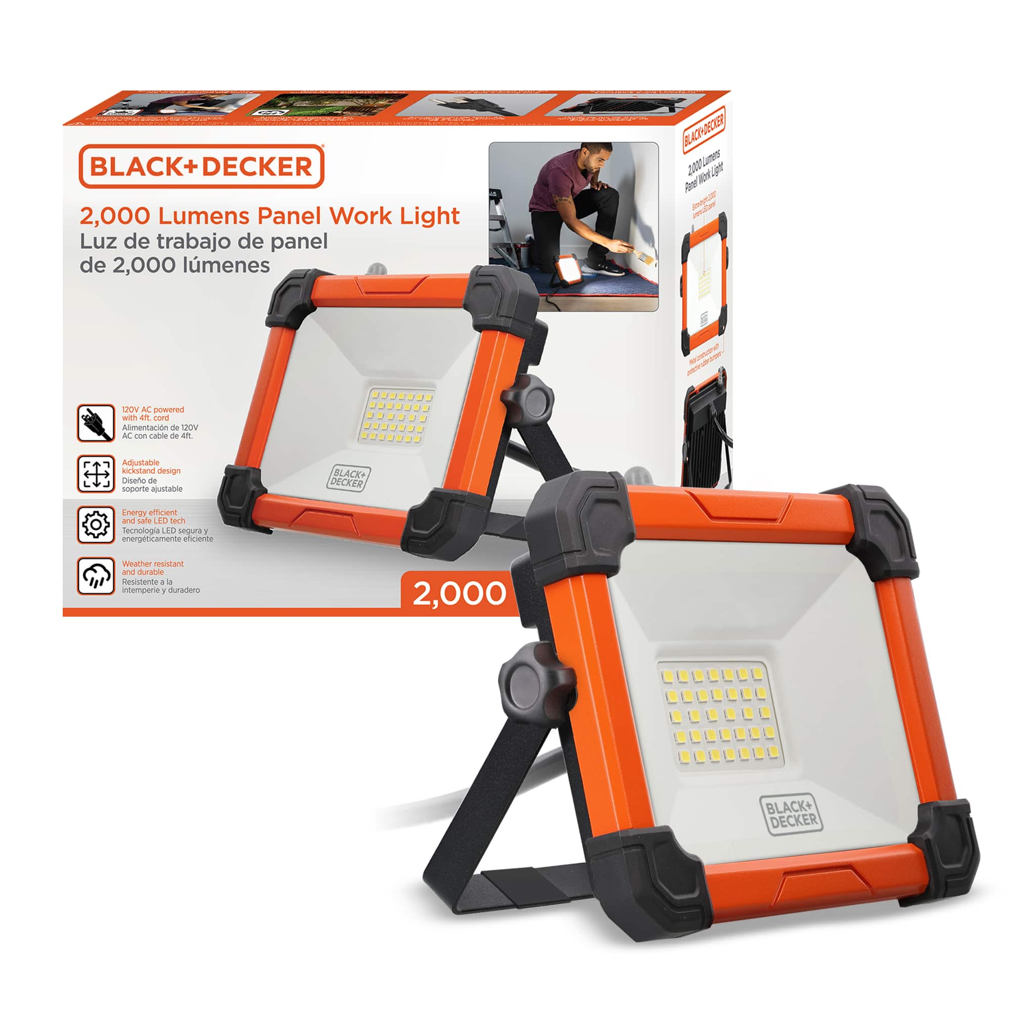 Black+Decker - AC Plug-in Panel LED Work Light with Kickstand Base, 2,000 Lumens - Orange