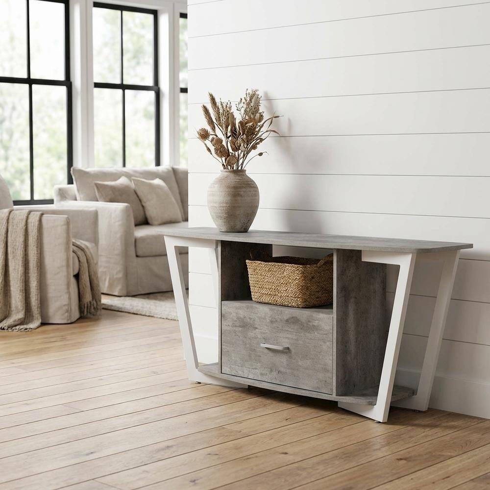 Alt View 1. FurniFact - White powder-coated metal TV stand with shelves for 65-inch TVs - White.