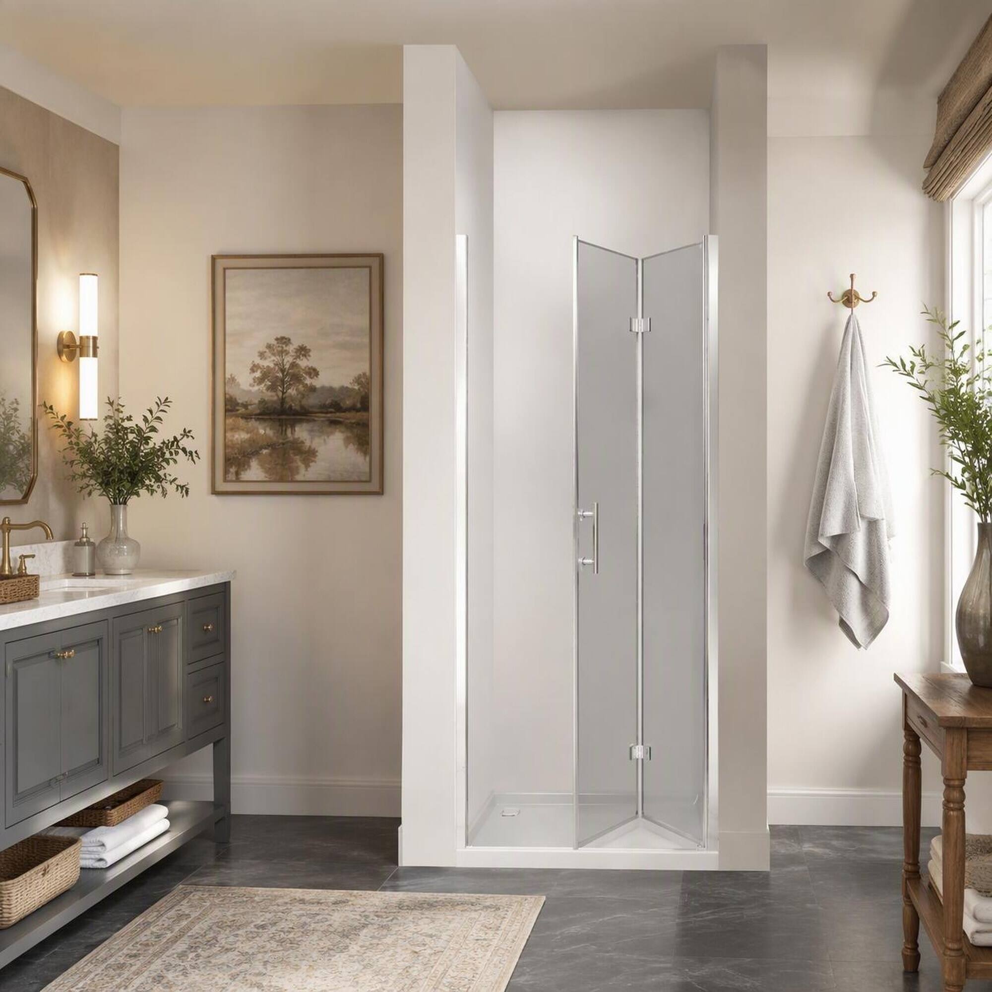 Back. RYHNUYNE - 34-35 In X 72 In Bifold Shower Door, 1/4 In Clear Tempered Glass Chrome Finish - Brushed Nickel.
