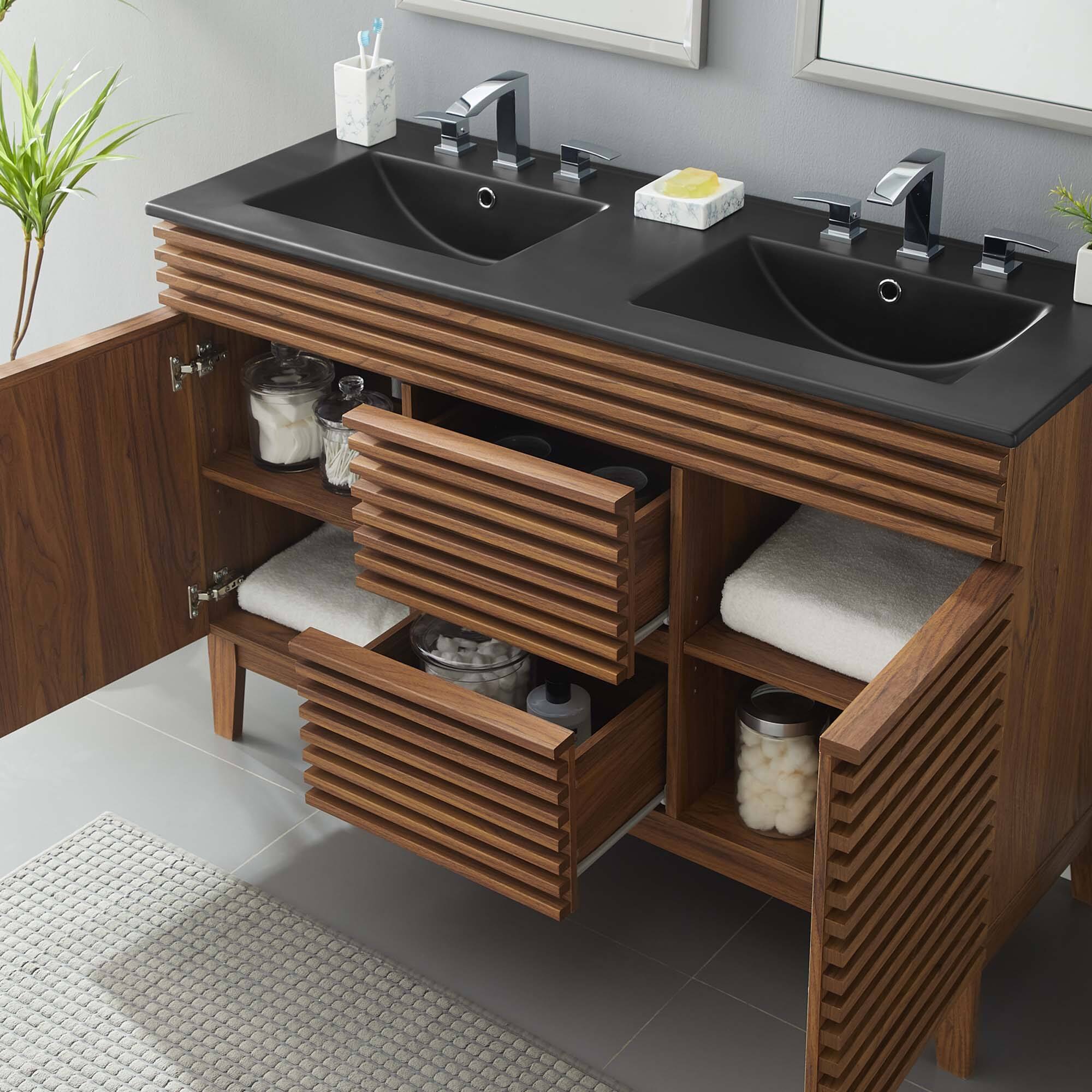 Left. Modway - Render 48" Bathroom  Vanity with Black Basin Included - Walnut Black.