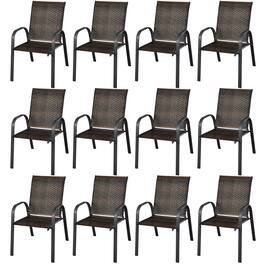 Costway - Set of 12 Patio Rattan Dining Chairs Stackable Armrest Garden - Brown
