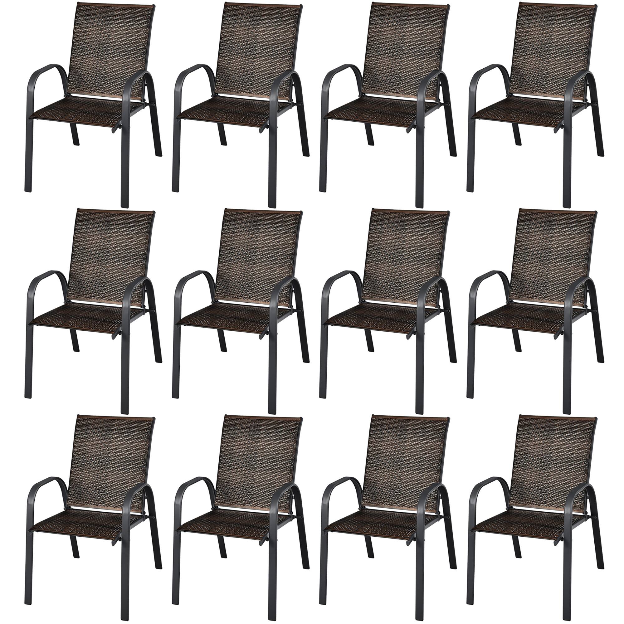 Front. Costway - Costway Set of 12 Patio Rattan Dining Chairs Stackable Armrest Garden - Brown.
