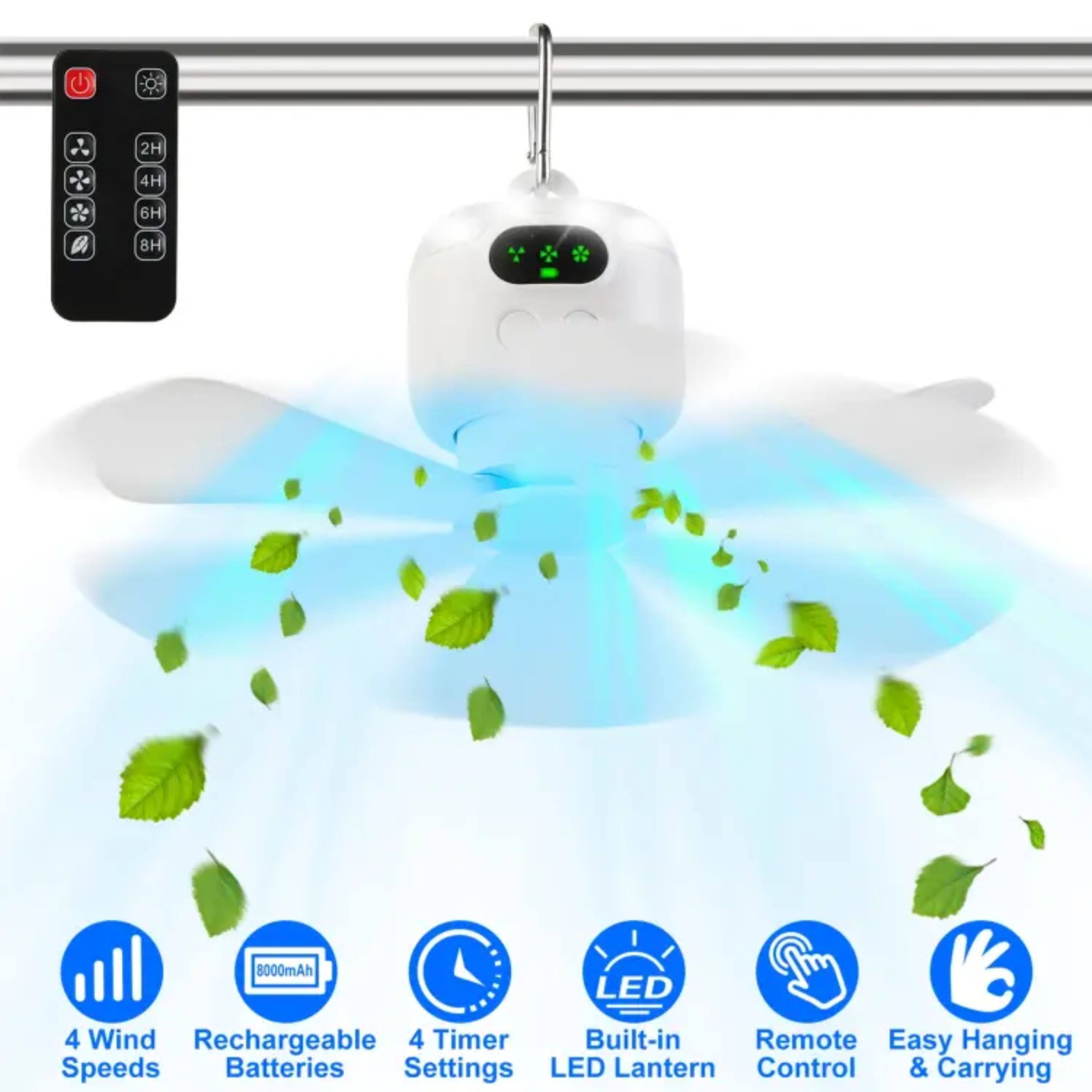 2H 4H 6H 8H 8000mAh LED 4 Wind Rechargeable 4 Timer Built-in Remote Easy Hanging Speeds Batteries Settings LED Lantern Control & Carrying