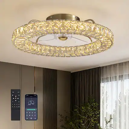 Front. Siljoy - 20-22-inch Luxury Crystal Flush Mount Fan Light Dimmable Quiet for Bedroom and Living Room - Gold.