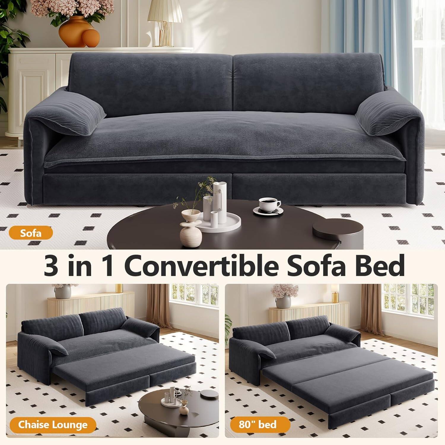 Sofa 3 in 1 Convertible Sofa Bed Chaise Lounge 80" bed