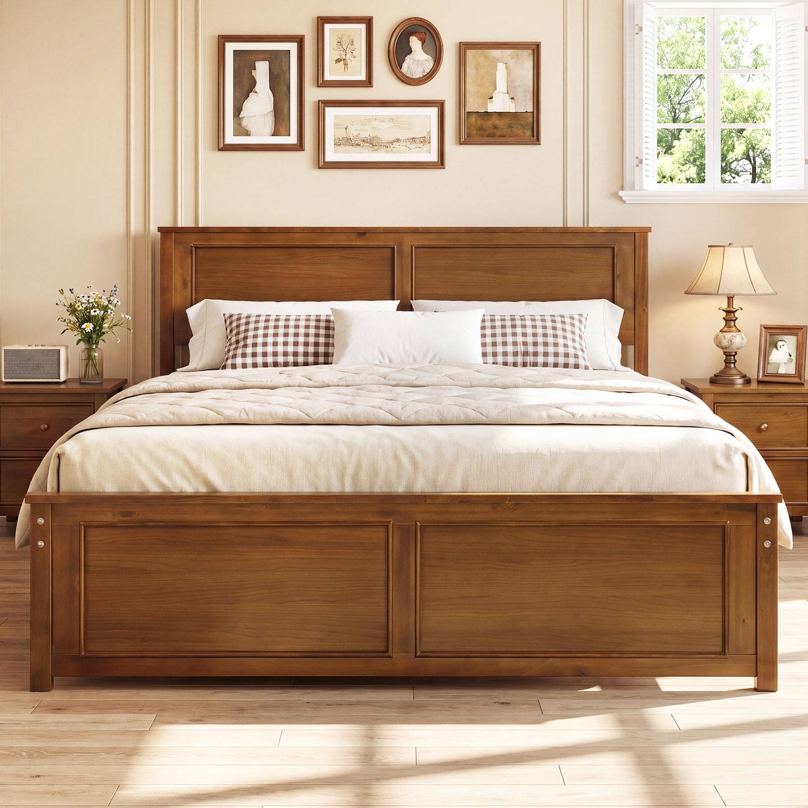 Alt View 3. Gymax - Gymax Queen Size Bed Frame Farmhouse Wooden Platform Bed w/ Headboard Walnut - Brown.