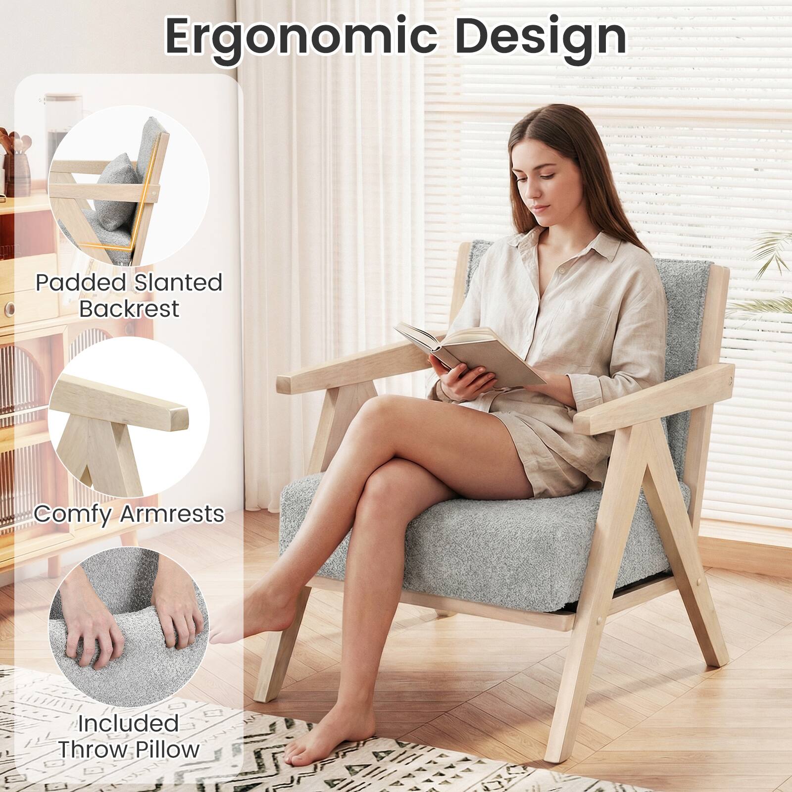 Ergonomic Design

- Padded Slanted Backrest
- Comfy Armrests
- Included Throw Pillow
