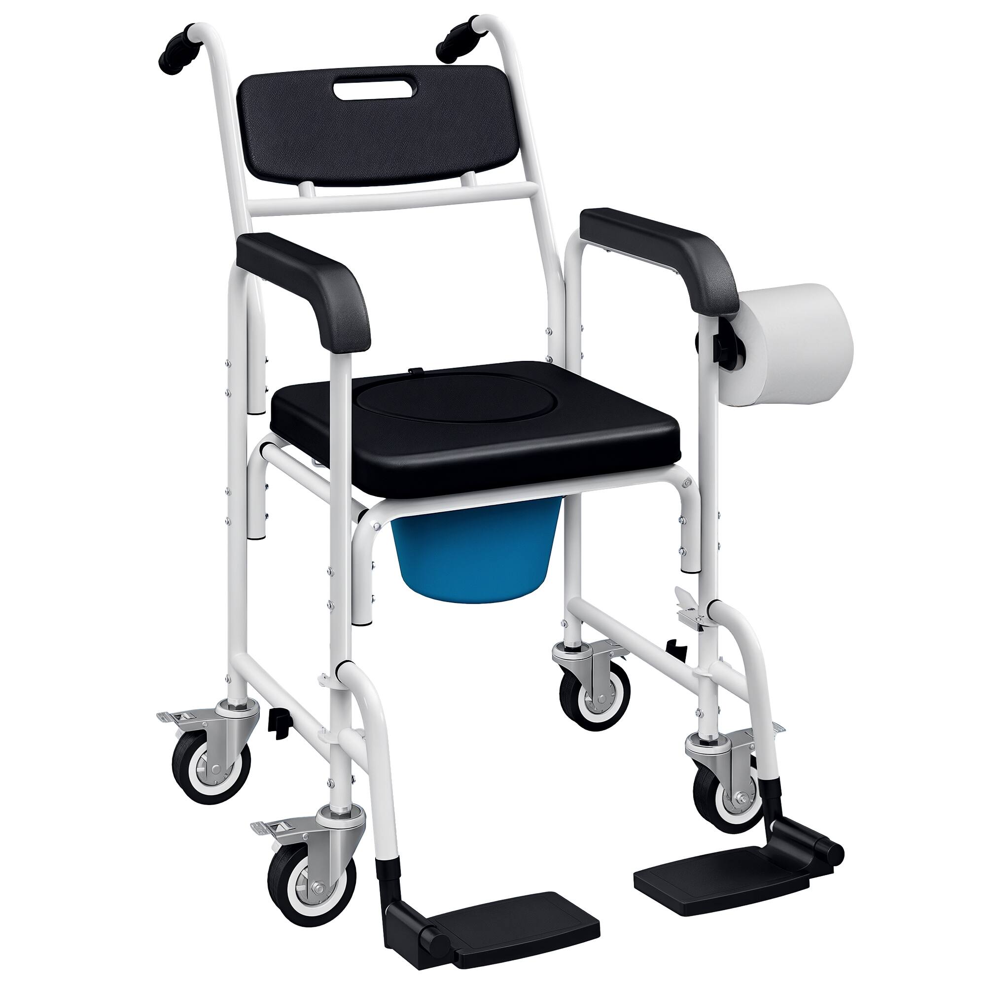 Homcom - Shower Chair with Wheels 4 in 1, Bedside Commode Wheelchair with Seat, Backrest, Arms, Shower Commode Chair for Seniors - Black
