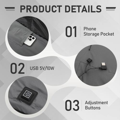 - PRODUCT DETAILS
  - 01 Phone Storage Pocket
  - 02 USB 5V/10W
  - 03 Adjustment Buttons