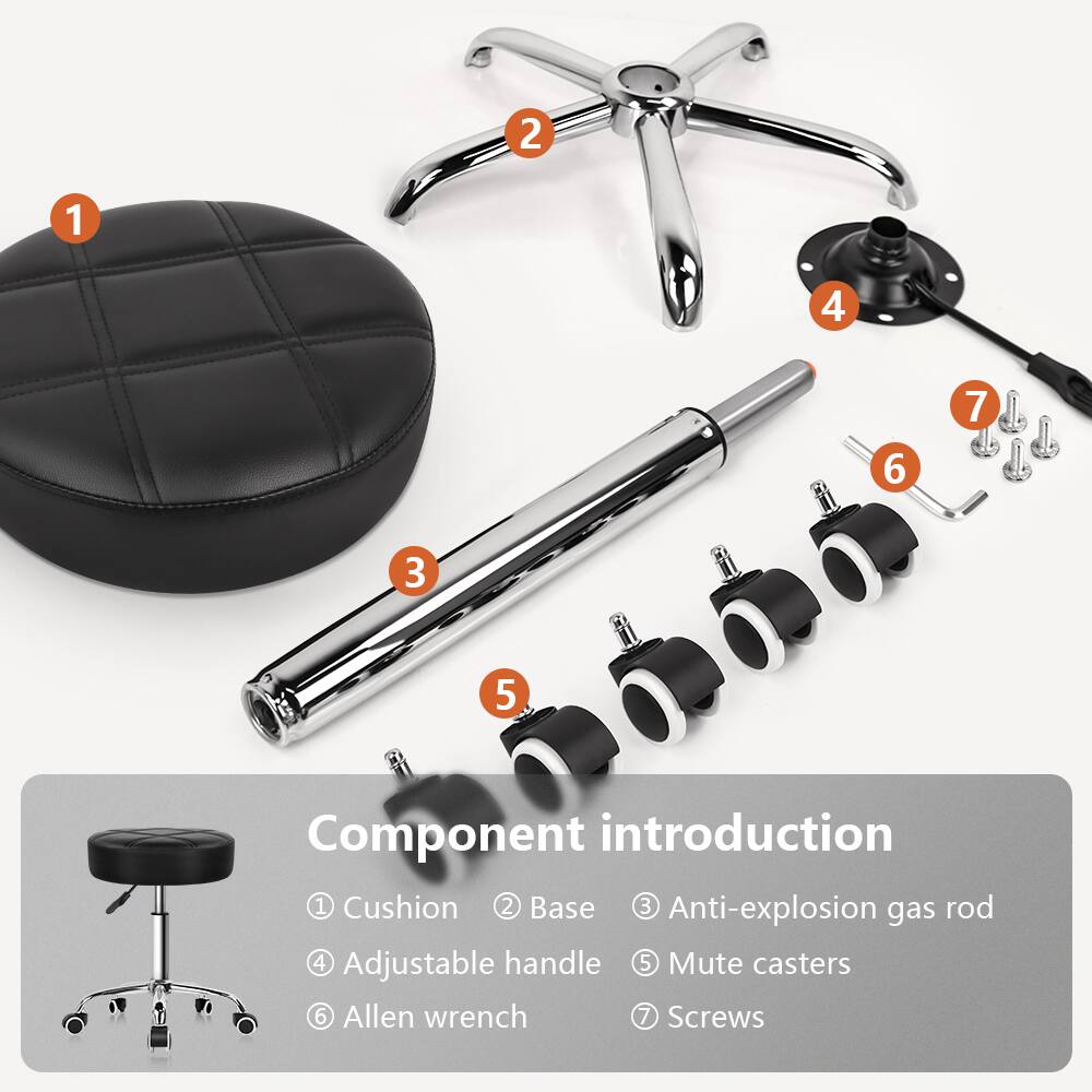 Component introduction

1. Cushion
2. Base
3. Anti-explosion gas rod
4. Adjustable handle
5. Mute casters
6. Allen wrench
7. Screws