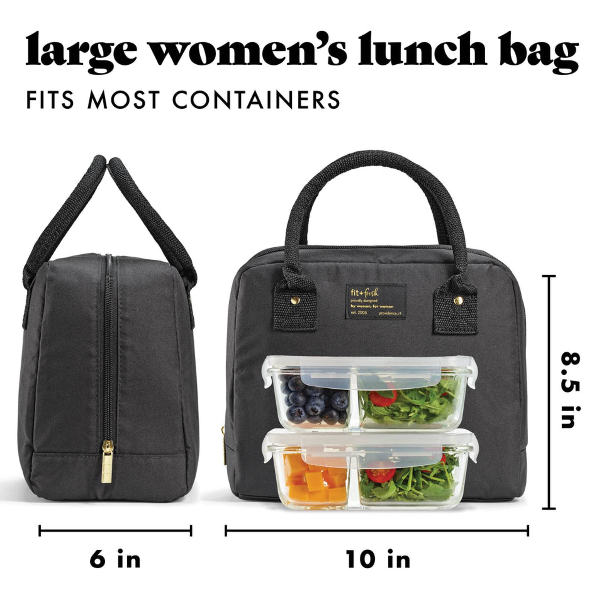 large women's lunch bag  
FITS MOST CONTAINERS  

fit+fresh  

8.5 in  
6 in  
10 in