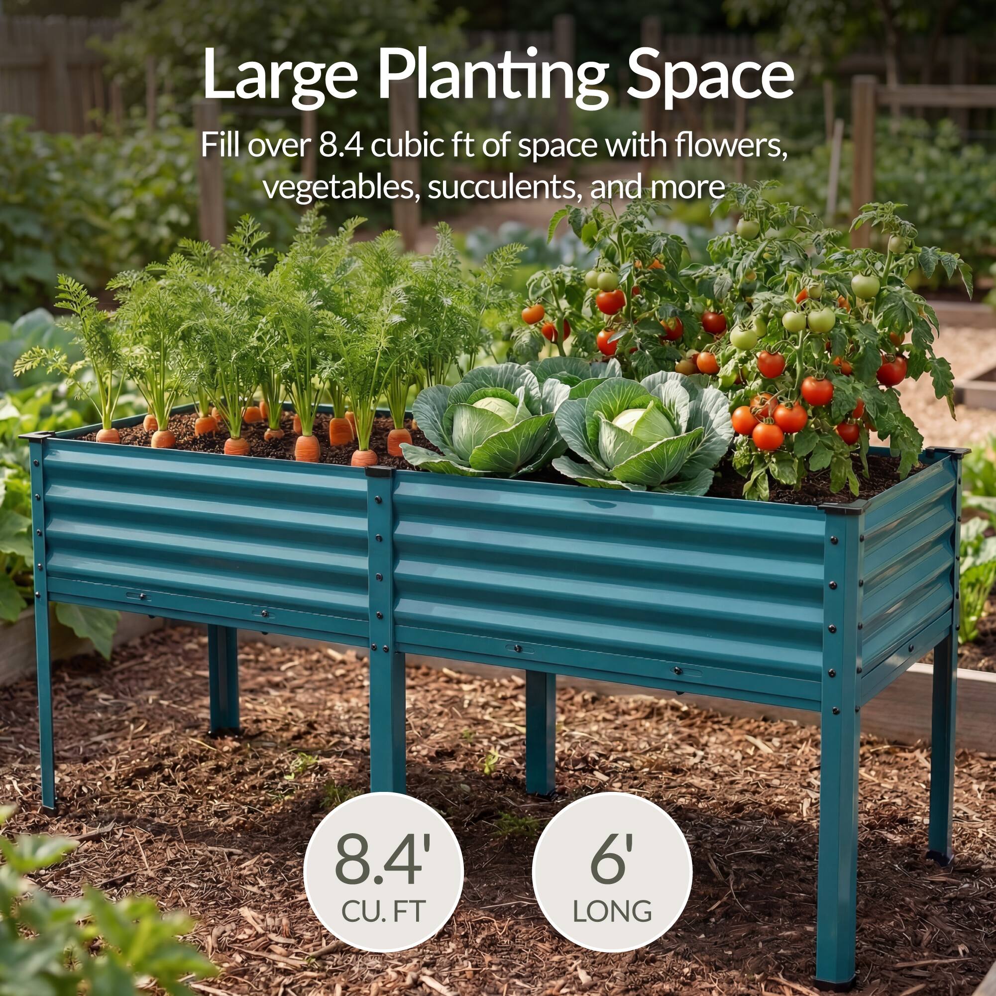 Large Planting Space  
Fill over 8.4 cubic ft of space with flowers, vegetables, succulents, and more  

8.4' CU. FT  
6' LONG