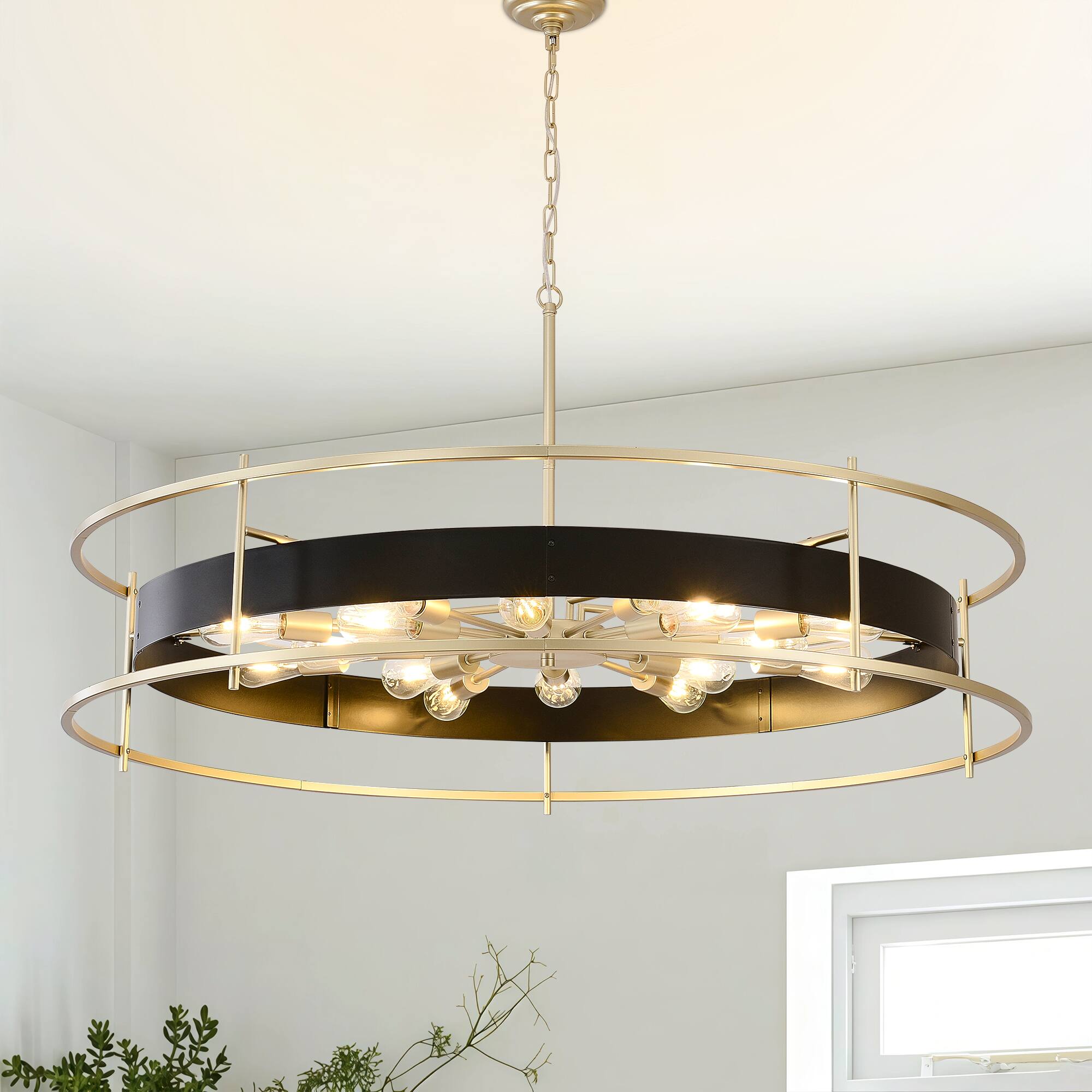 Front. RYHNUYNE - Modern Black and Gold 16-Light Chandelier - 48 Inch Round Adjustable Pendant Light for Dining Room, Living Room, Foyer.