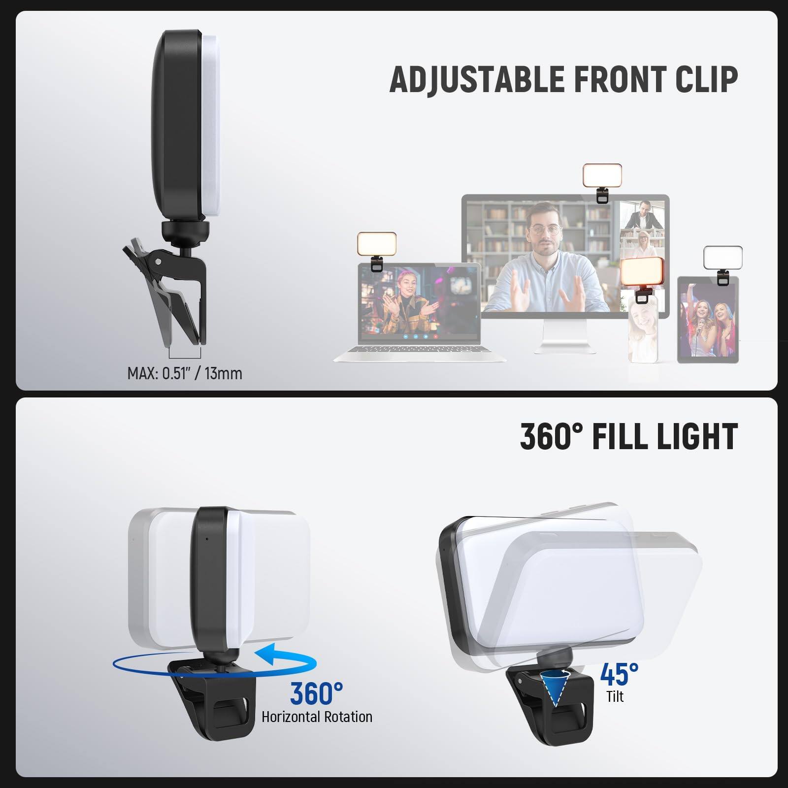 ADJUSTABLE FRONT CLIP  
MAX: 0.51" / 13mm  

360° FILL LIGHT  
360° Horizontal Rotation  
45° Tilt