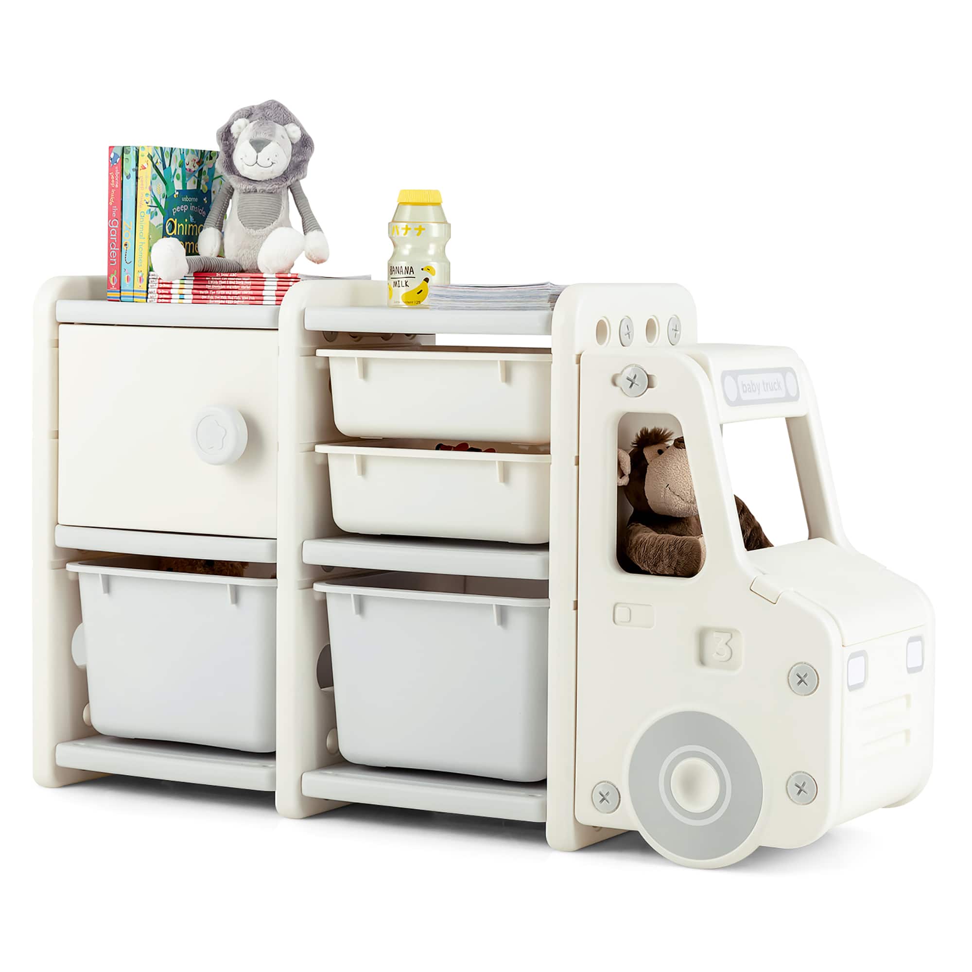 Costway - Kids Toy Storage Organizer Toddler Playroom Furniture w/ Plastic Bins Cabinet - Beige,Off-White