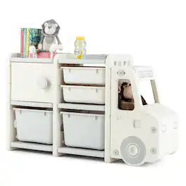 Costway - Kids Toy Storage Organizer Toddler Playroom Furniture w/ Plastic Bins Cabinet - Beige,Off-White