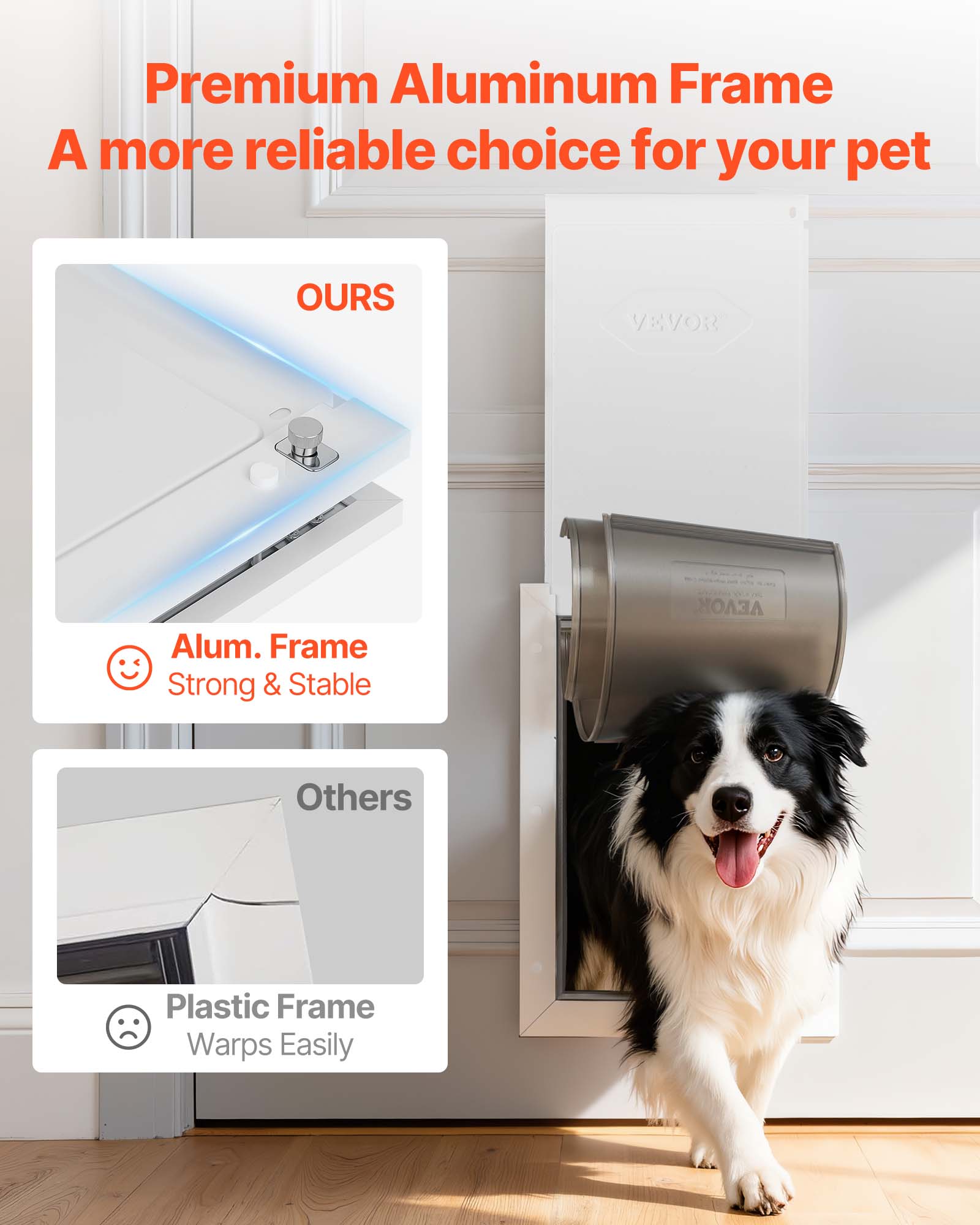 Premium Aluminum Frame  
A more reliable choice for your pet

OURS  
Alum. Frame  
Strong & Stable

Others  
Plastic Frame  
Warps Easily