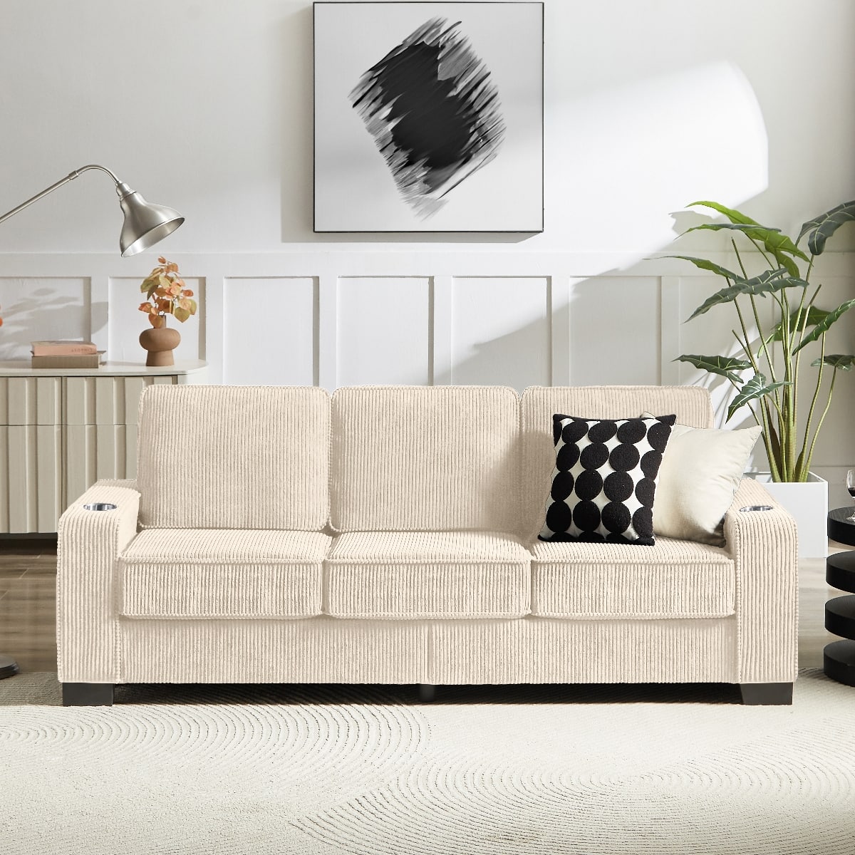 Ropilly - Beige Corduroy 3 Seater Sofa with Built In Cup Holders, Modern Corduroy Couch for Living Room Bedroom Office - Beige
