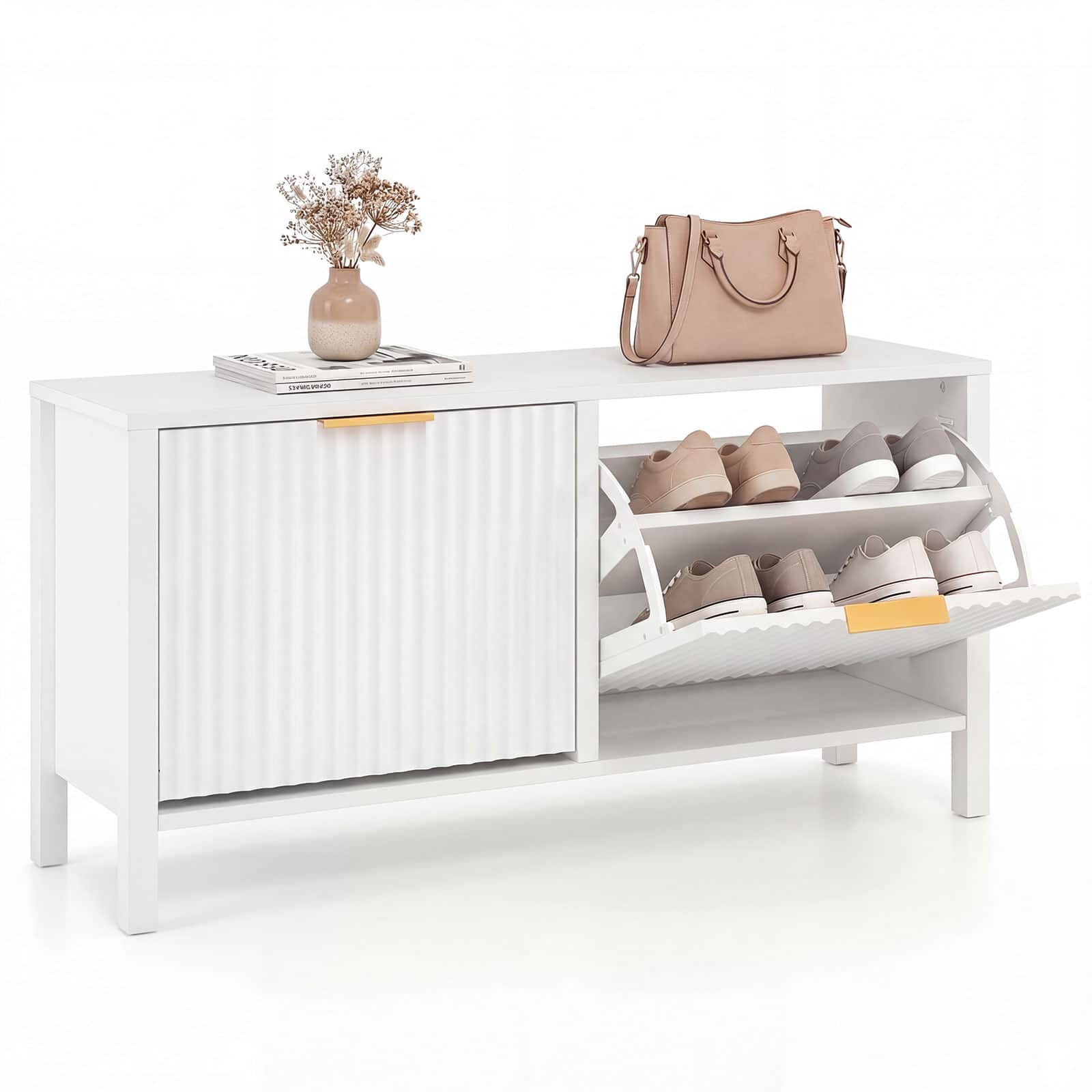 Gymax - Shoe Storage Bench Narrow Wooden Entryway Bench w/ 2 Flip Drawers for Hallway - White