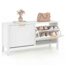 Gymax - Shoe Storage Bench Narrow Wooden Entryway Bench w/ 2 Flip Drawers for Hallway - White