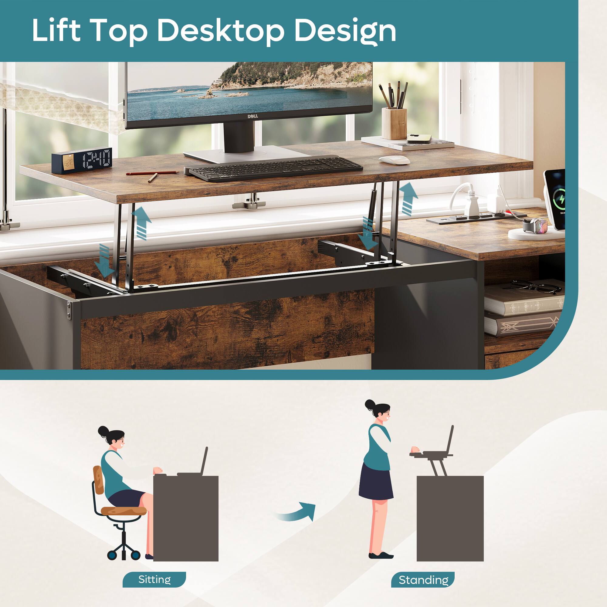 Lift Top Desktop Design: A woman is sitting at a desk with a laptop, and there is a clock on the wall. The desk has a keyboard and a mouse. The woman is also standing at the desk, holding a laptop. The desk is designed to be a lift top, allowing for easy access to the workspace.