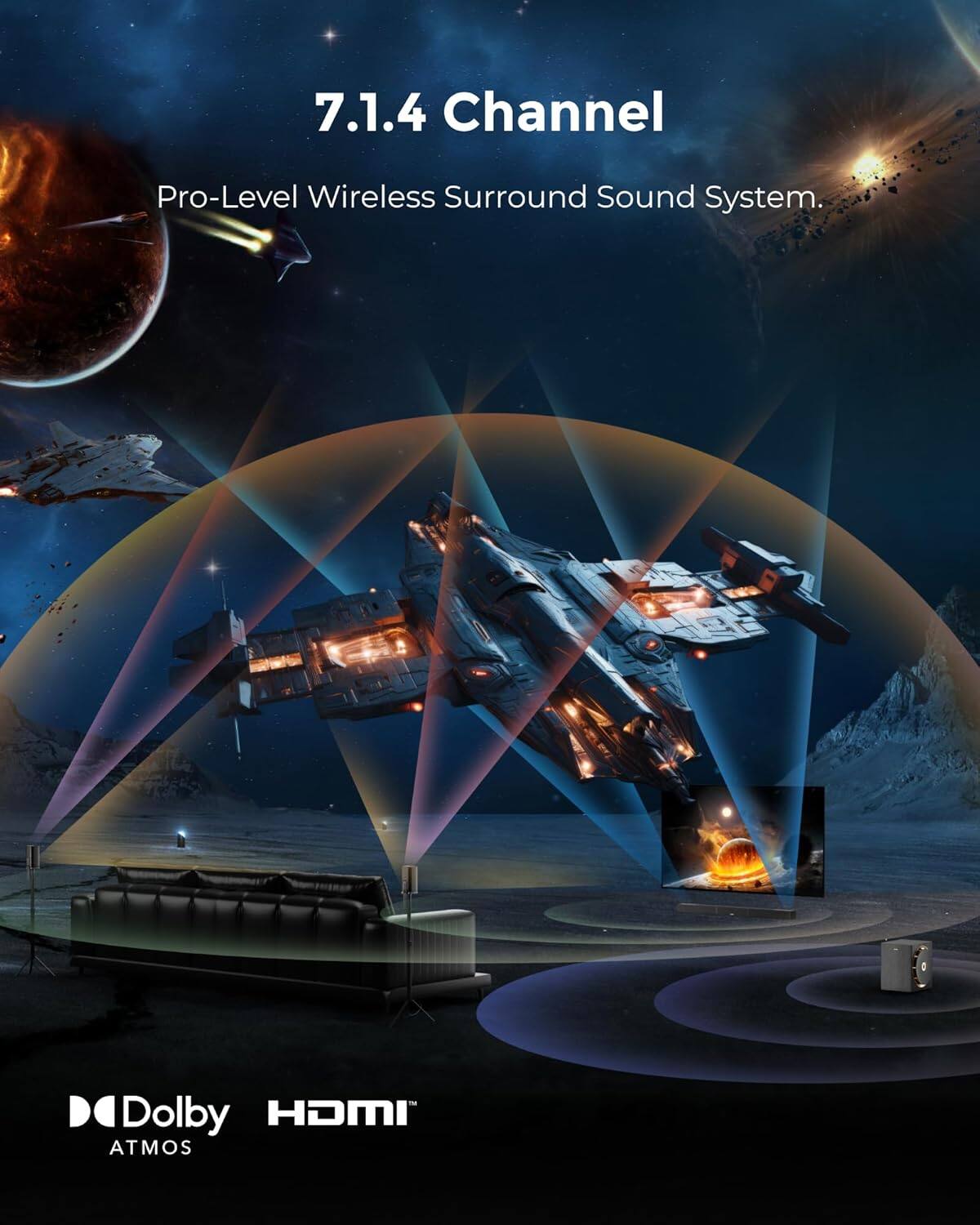 7.1.4 Channel  
Pro-Level Wireless Surround Sound System.  
Dolby Atmos  
HDMI