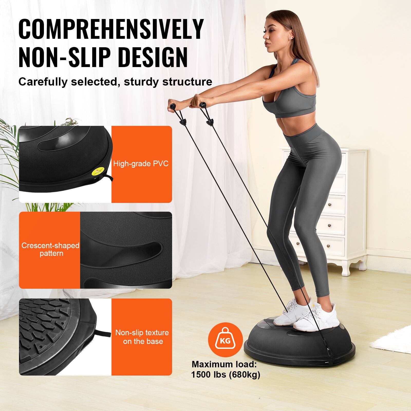 COMPREHENSIVELY NON-SLIP DESIGN, Carefully selected, sturdy structure, High-grade PVC, Crescent-shaped pattern, Non-slip texture on the base, KG, Maximum load: 1500 lbs (680kg)