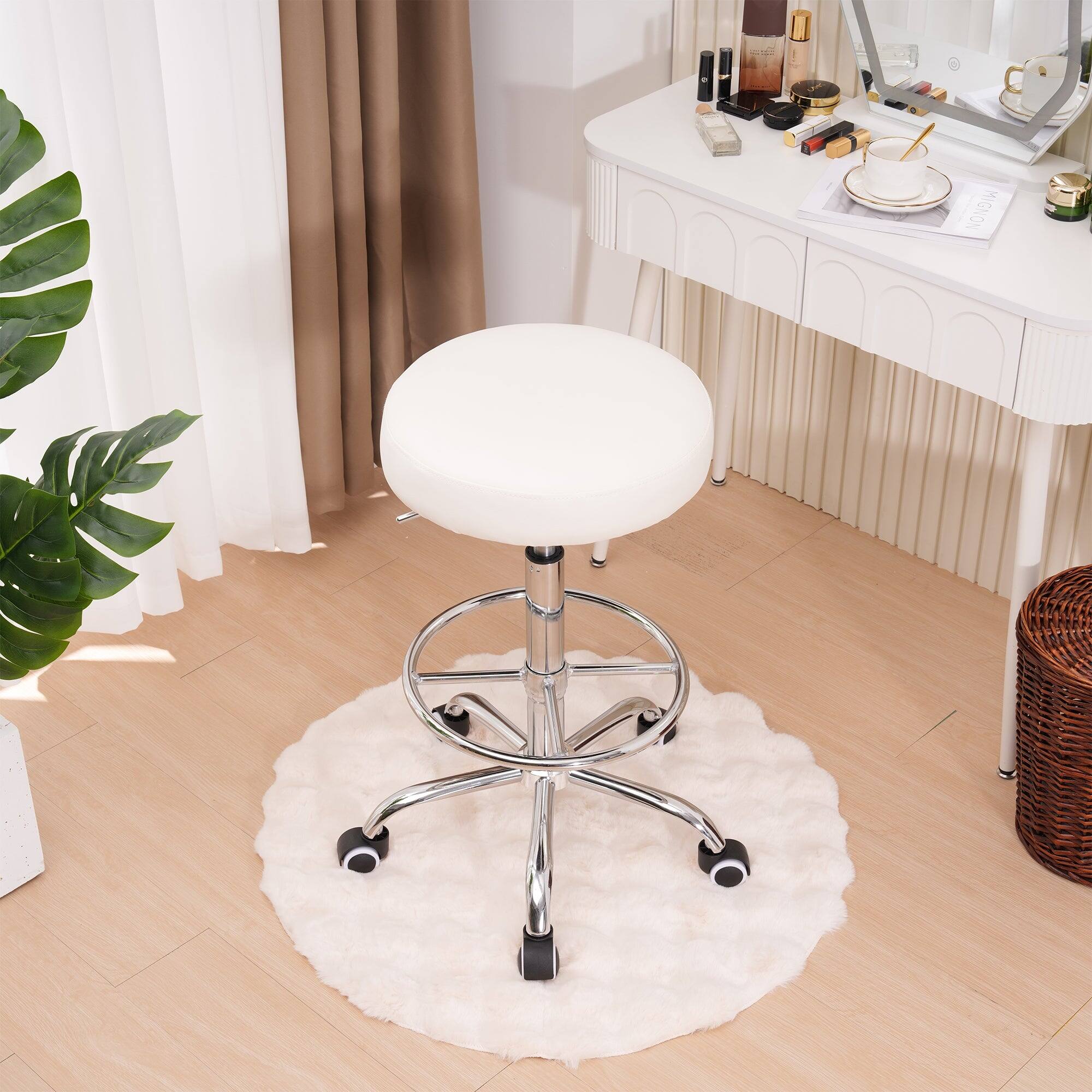 Back. Vecelo - Set Of 2 Adjustable Height Swivel Stool with Footrest - PU Leather Rolling Stool Salon Stools,330lb Capacity - White.