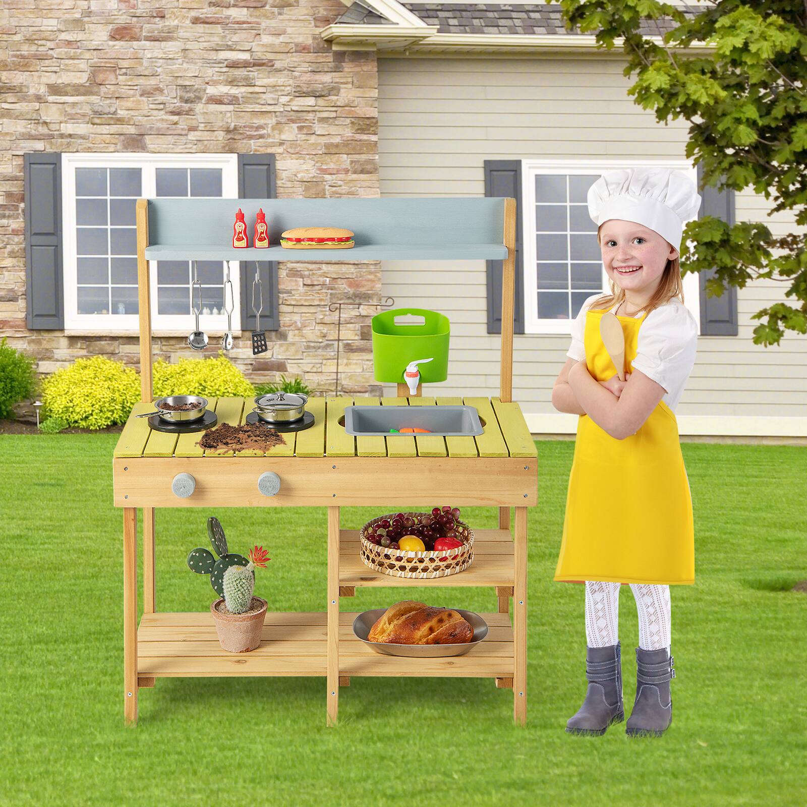 Angle. SlickBlue - Pretend Play Backyard Kitchen Set with Stove Top for Children - Natural, Blue, Yellow.