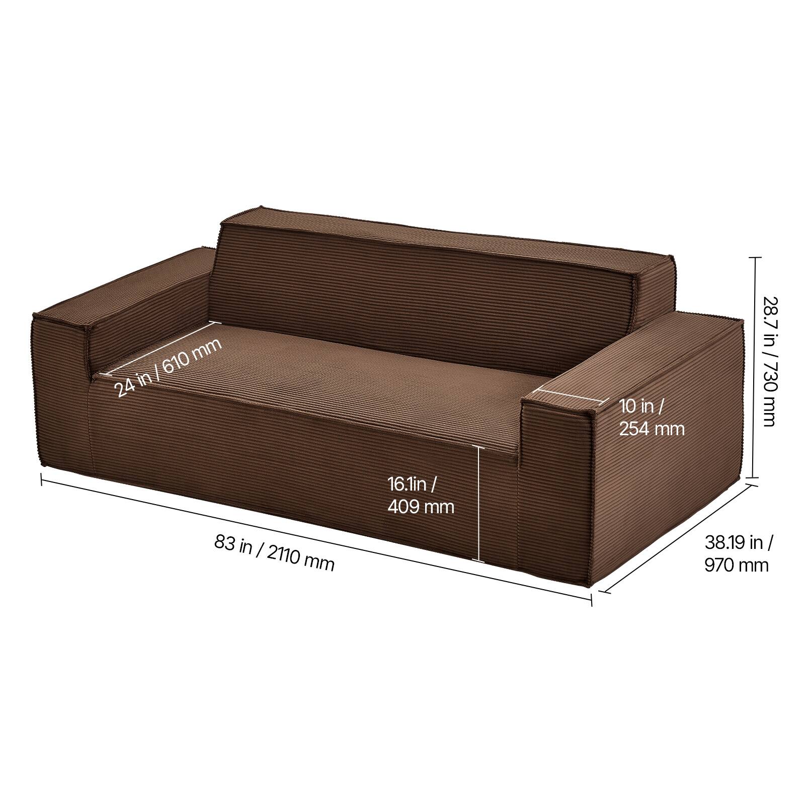 - Width: 83 in / 2110 mm
- Depth: 38.19 in / 970 mm
- Height: 28.7 in / 730 mm
- Seat Height: 16.1 in / 409 mm
- Armrest Height: 10 in / 254 mm
- Backrest Height: 24 in / 610 mm