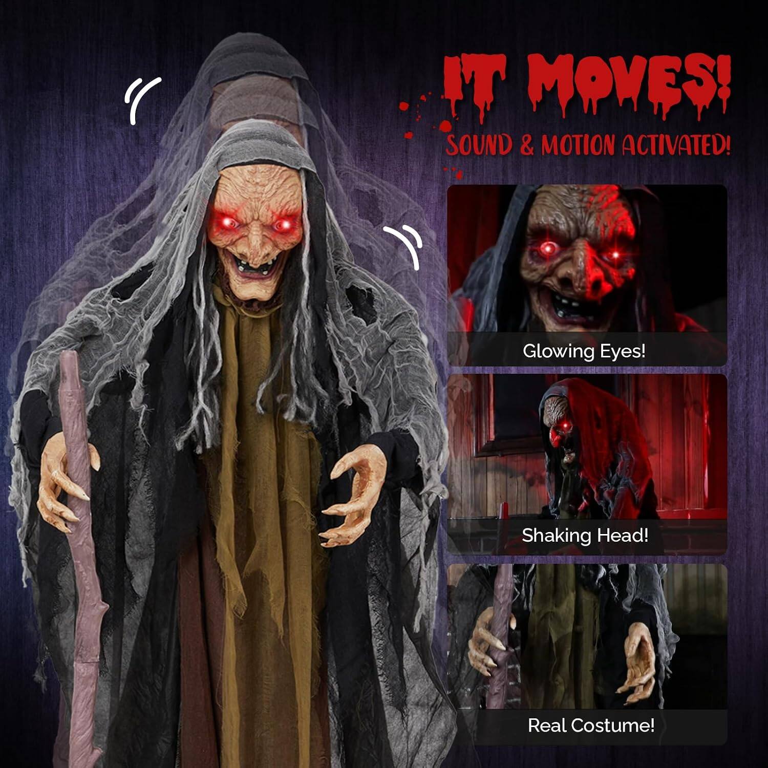 IT MOVES!  
SOUND & MOTION ACTIVATED!  
Glowing Eyes!  
2 Shaking Head!  
Real Costume!