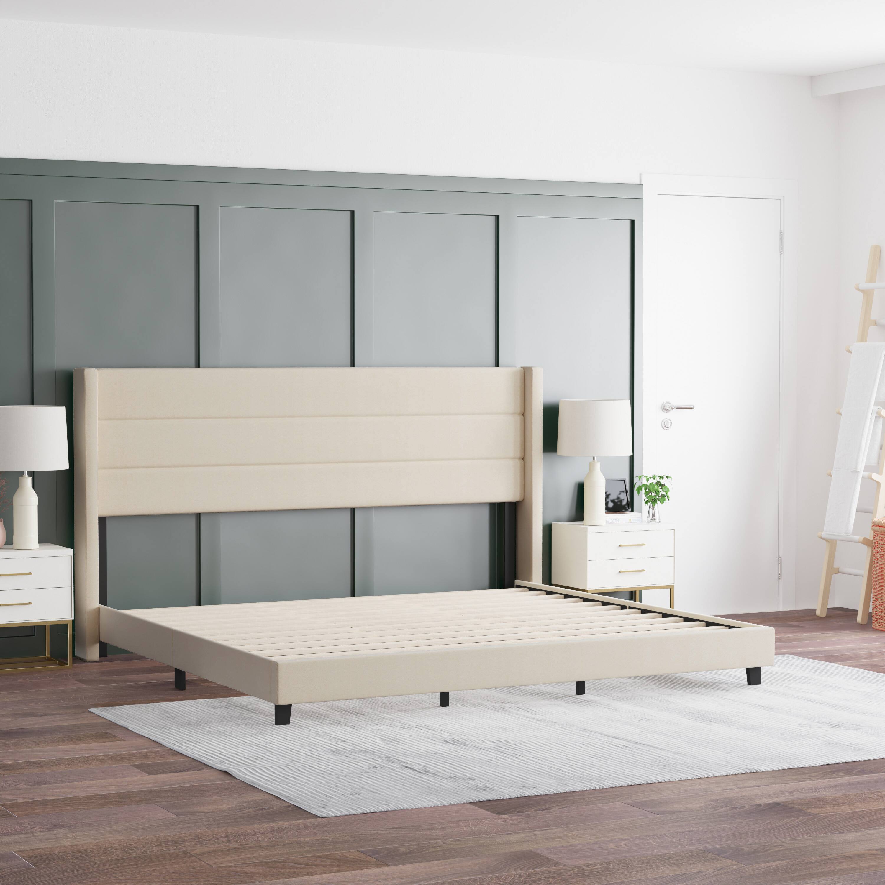 Alt View 3. Emma + Oliver - Upholstered Platform Bed with Wingback Headboard - Beige.