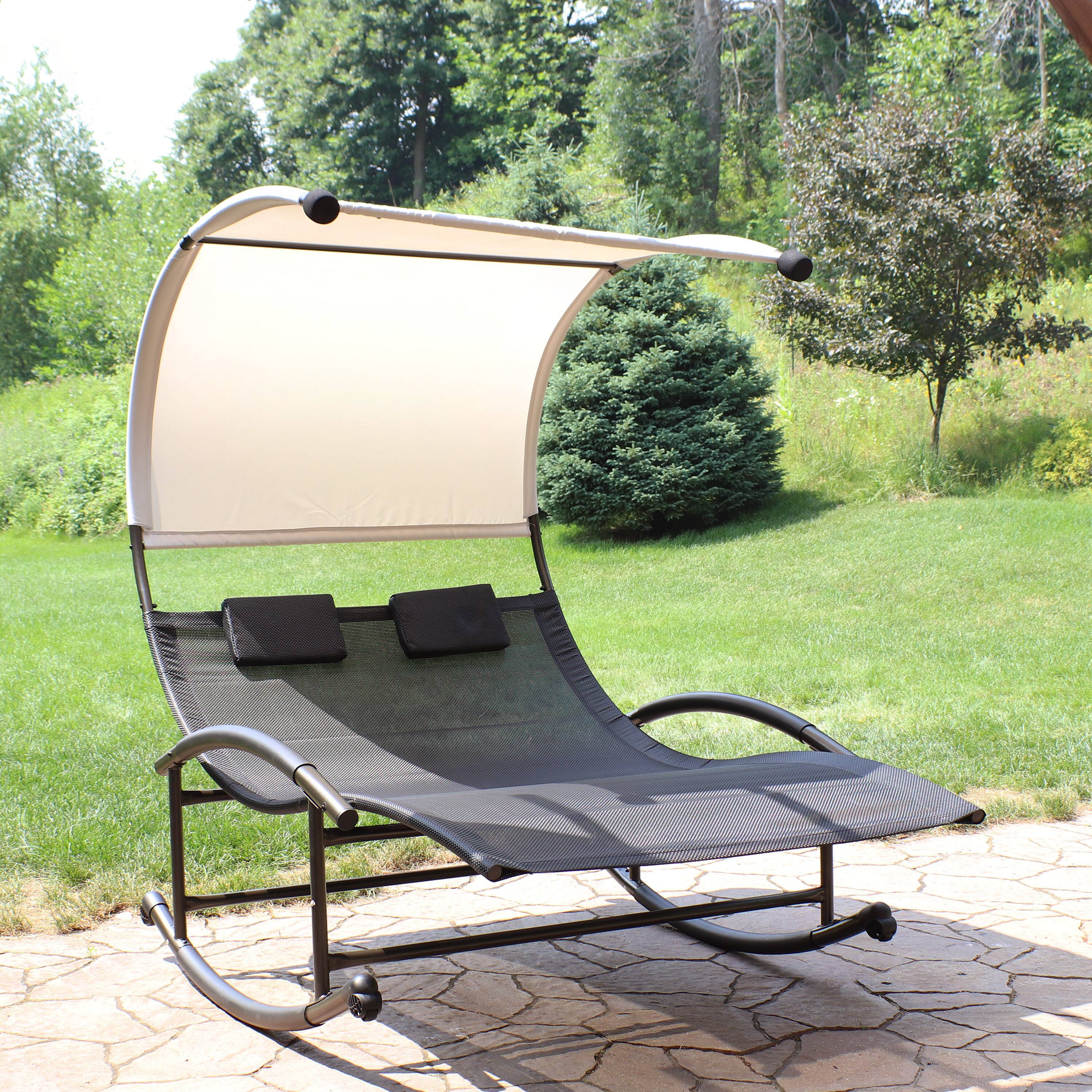 Alt View 4. Sunnydaze - Double Rocking Chaise Lounge Bed with Canopy and Pillows - Black.