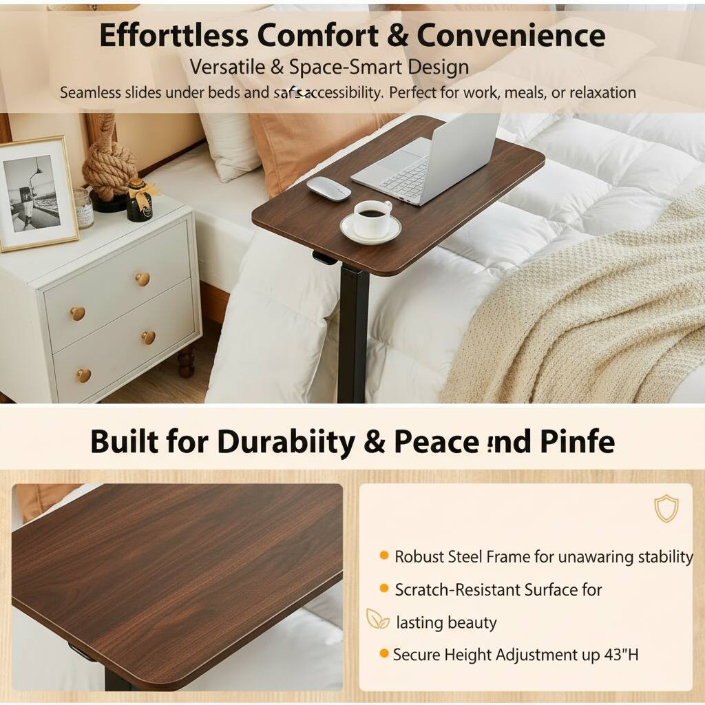 Effortless Comfort & Convenience  
Versatile & Space-Smart Design  
Seamless slides under beds and safes accessibility. Perfect for work, meals, or relaxation  

Built for Durability & Peace of Mind  
Robust Steel Frame for unwavering stability  
Scratch-Resistant Surface for lasting beauty  
Secure Height Adjustment up to 43"H